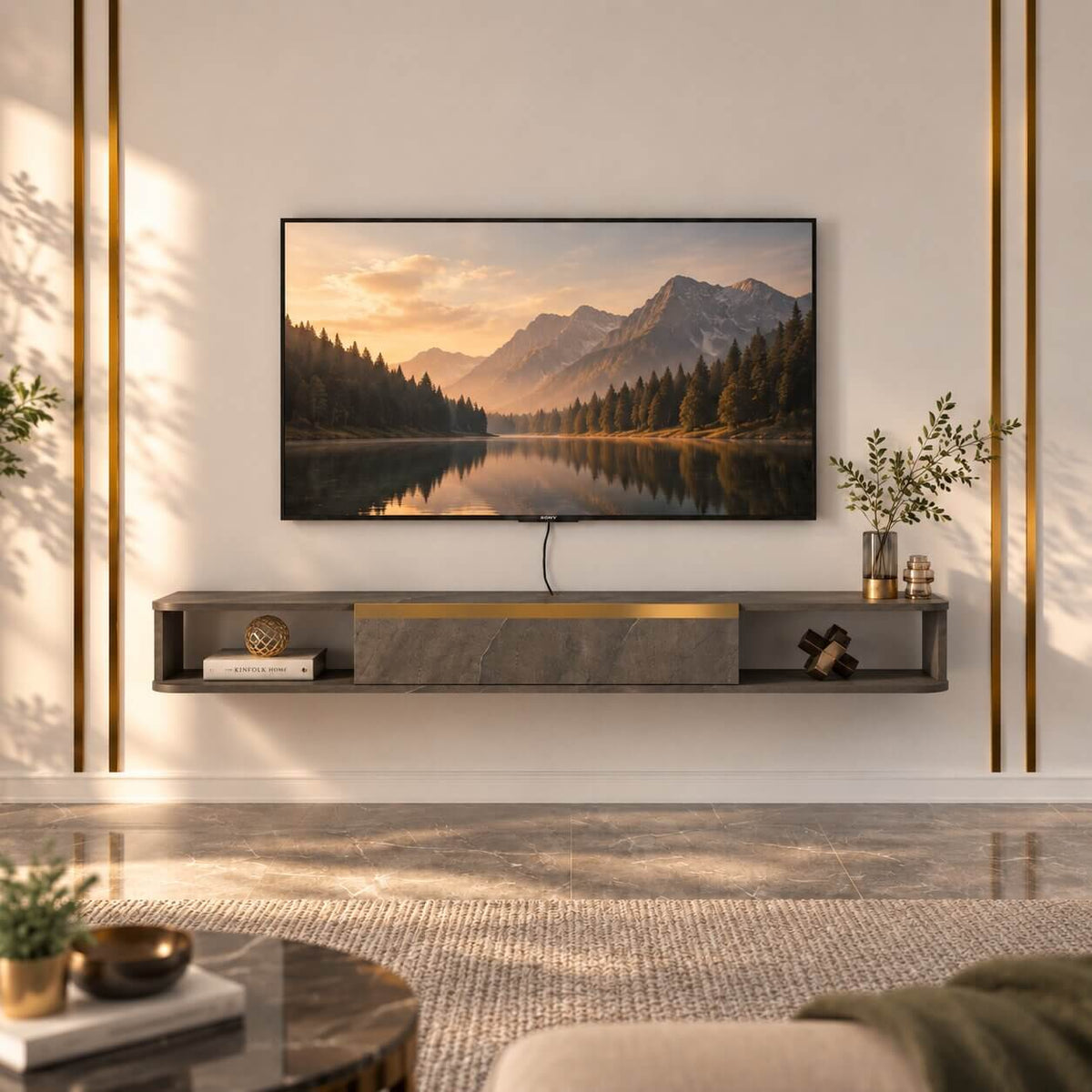 55" Slendera Floating TV Stand, Marble Grey