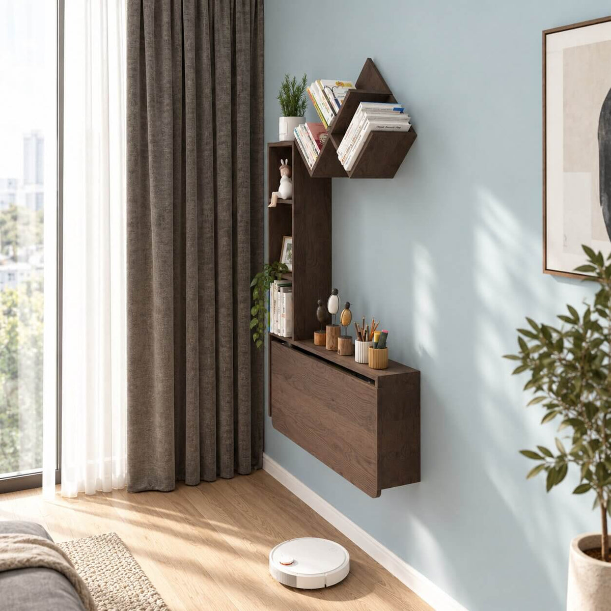 Grey Wall Mounted Fold Down Desk with Free Matching Shelves