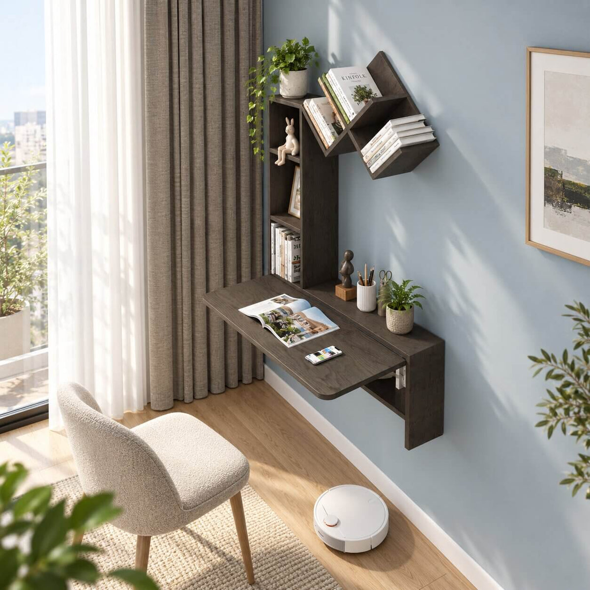 Grey Wall Mounted Fold Down Desk with Free Matching Shelves