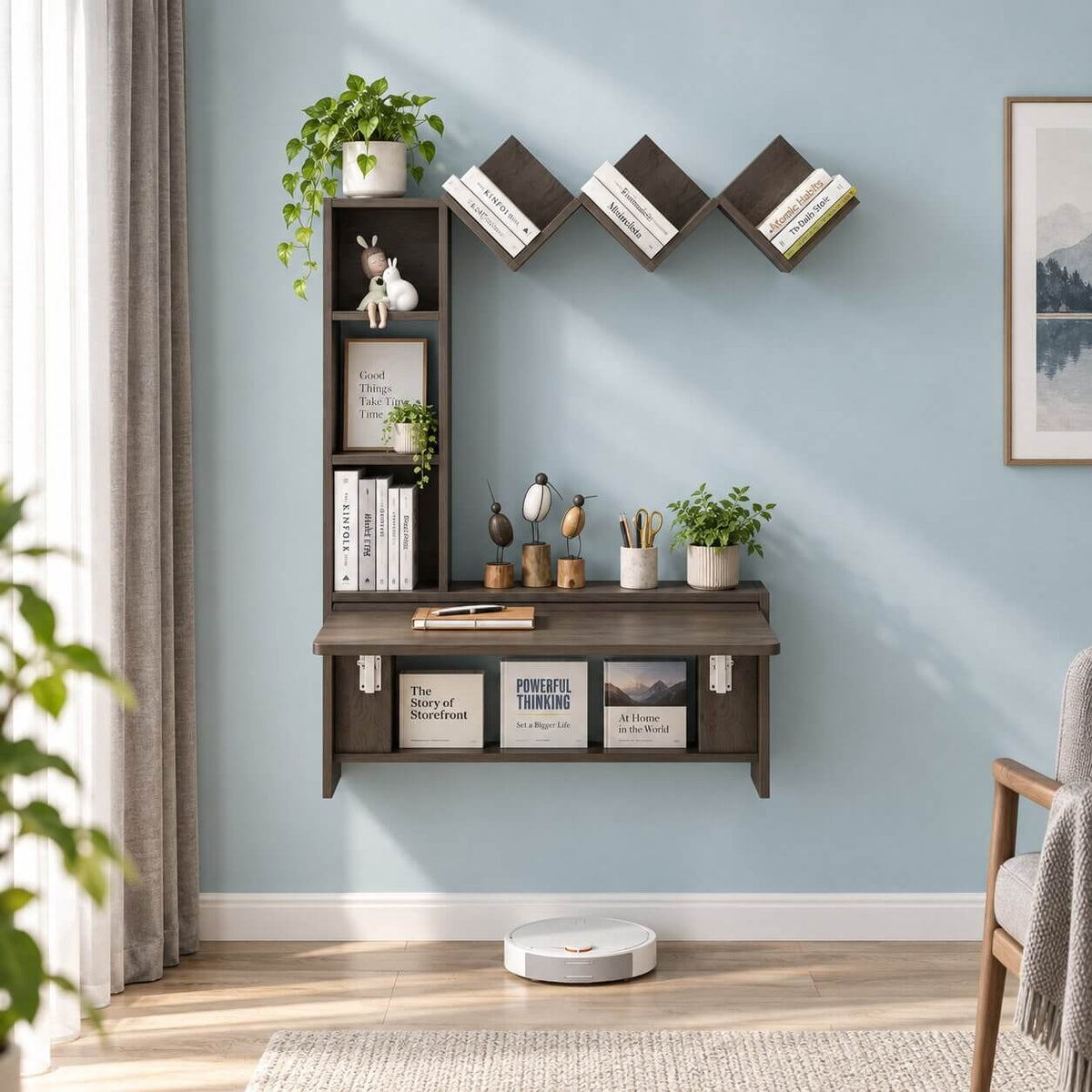 Grey Wall Mounted Fold Down Desk with Free Matching Shelves