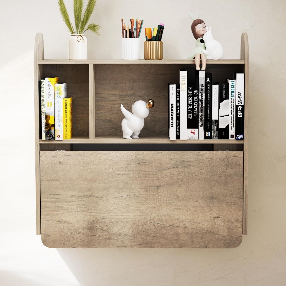 Griege Plywood Wall Mounted Fold Down Desk with Storage Shelf (Backorder)