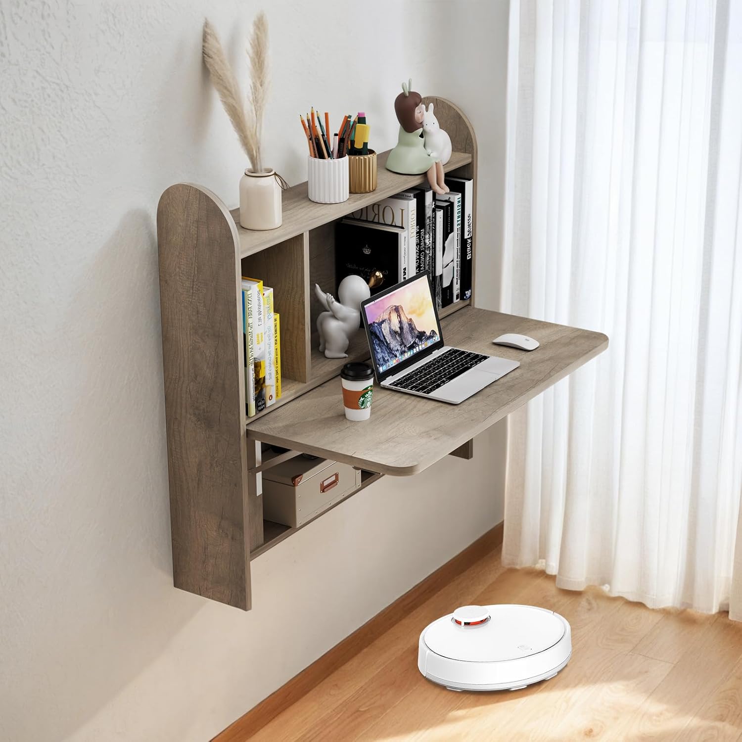 Griege Plywood Wall Mounted Fold Down Desk with Storage Shelf (Backorder)