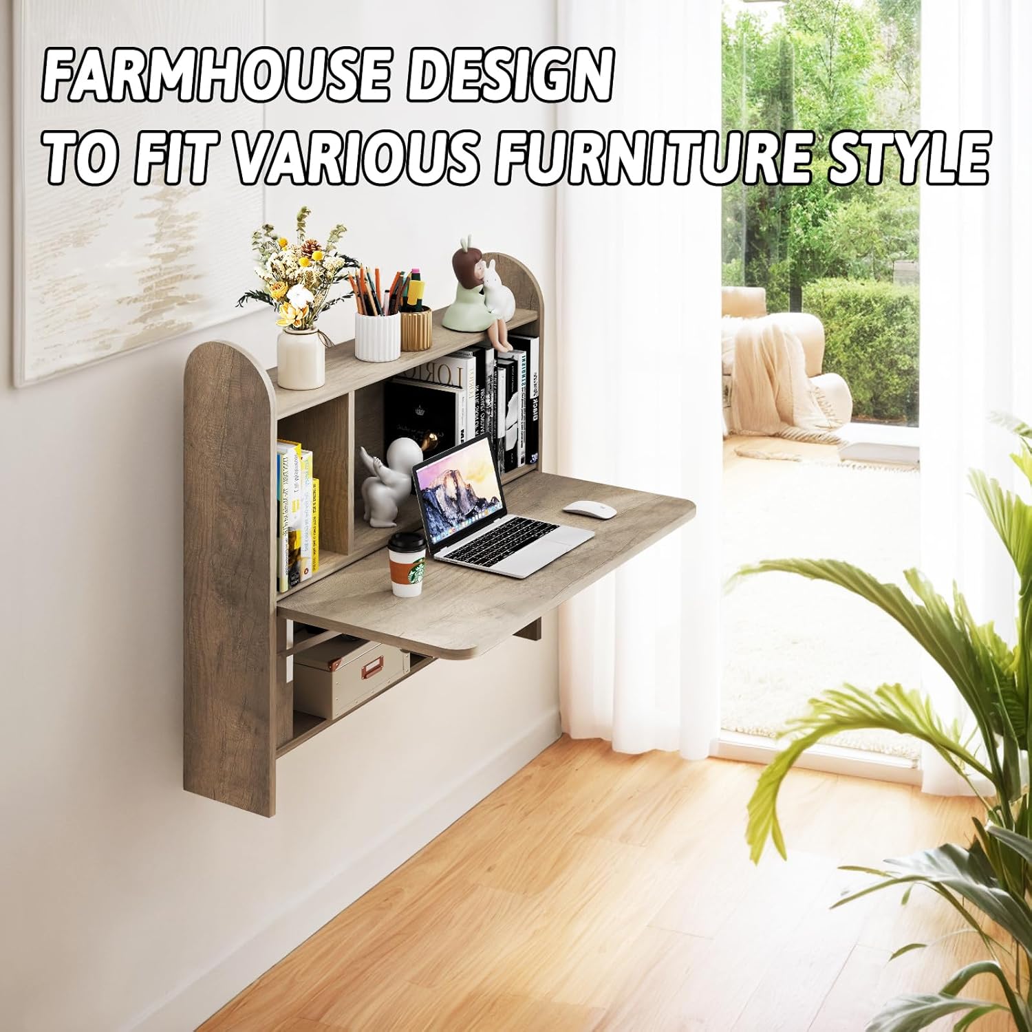 Griege Plywood Wall Mounted Fold Down Desk with Storage Shelf (Backorder)