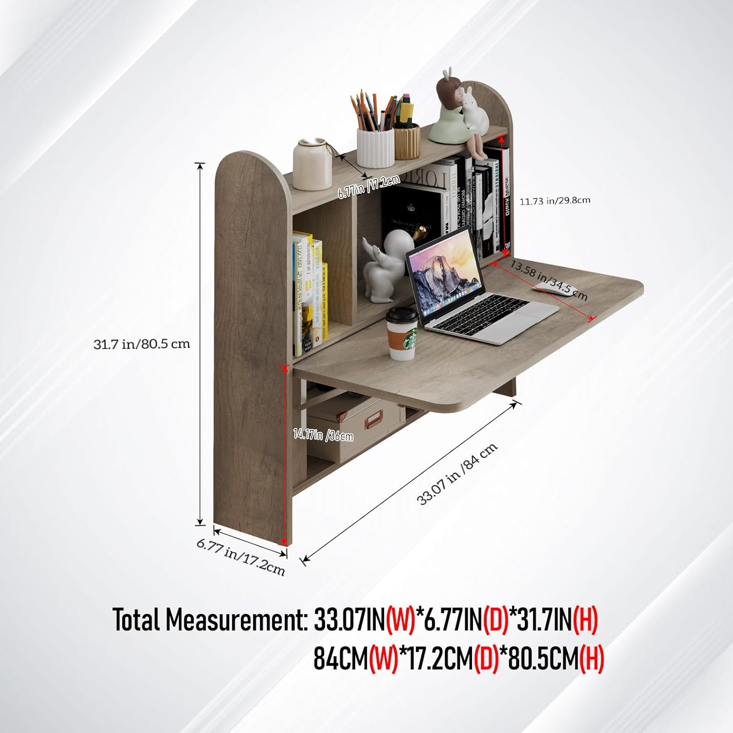 Griege Plywood Wall Mounted Fold Down Desk with Storage Shelf (Backorder)