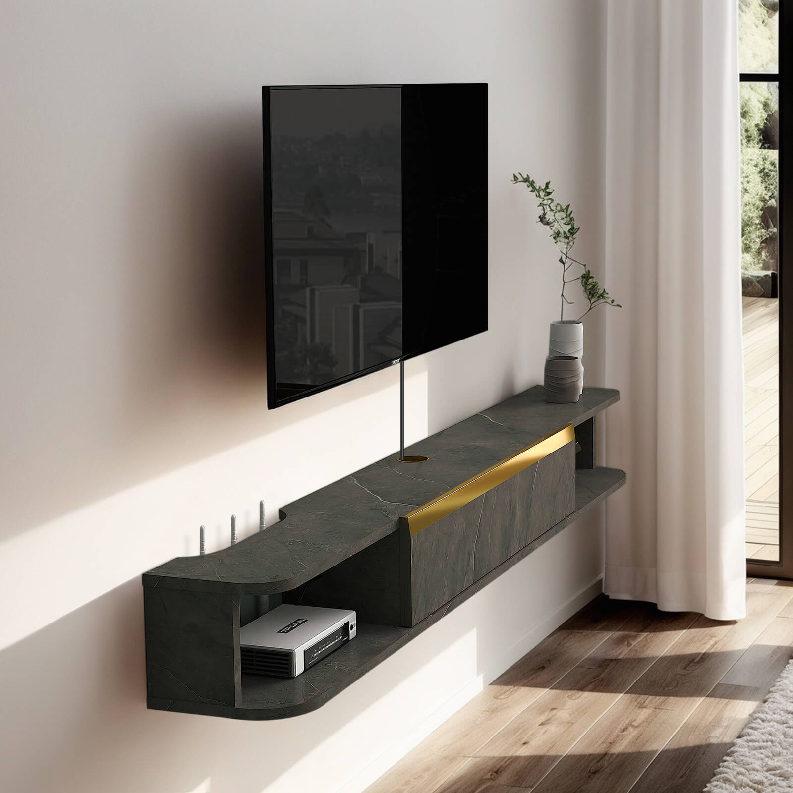 Modern Wall Mounted Plywood Floating TV Stand Shelf with Large Flip-down Door #color_marble grey
