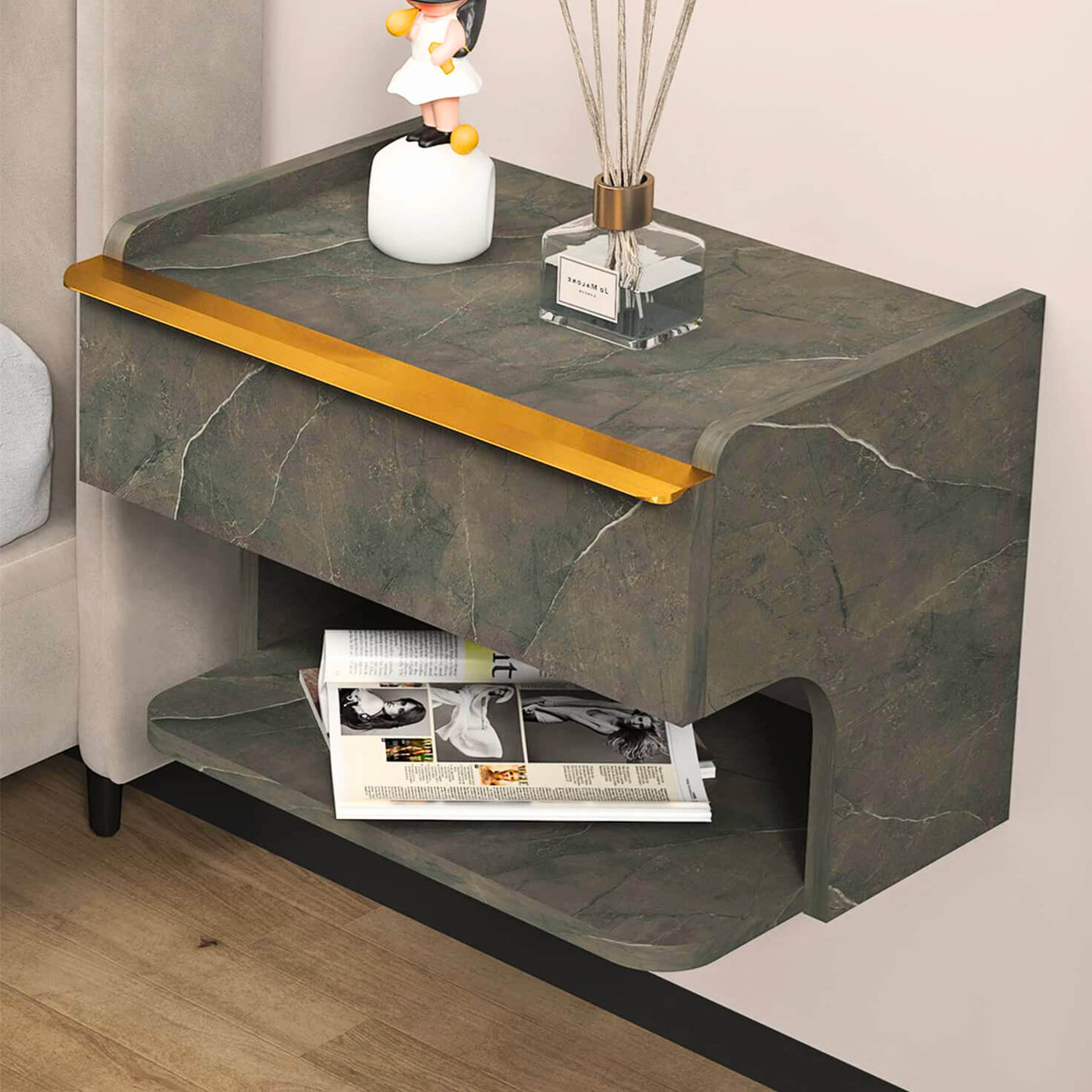 Grey Wooden Floating Nightstand Bedside Table Wallmounted Drawer