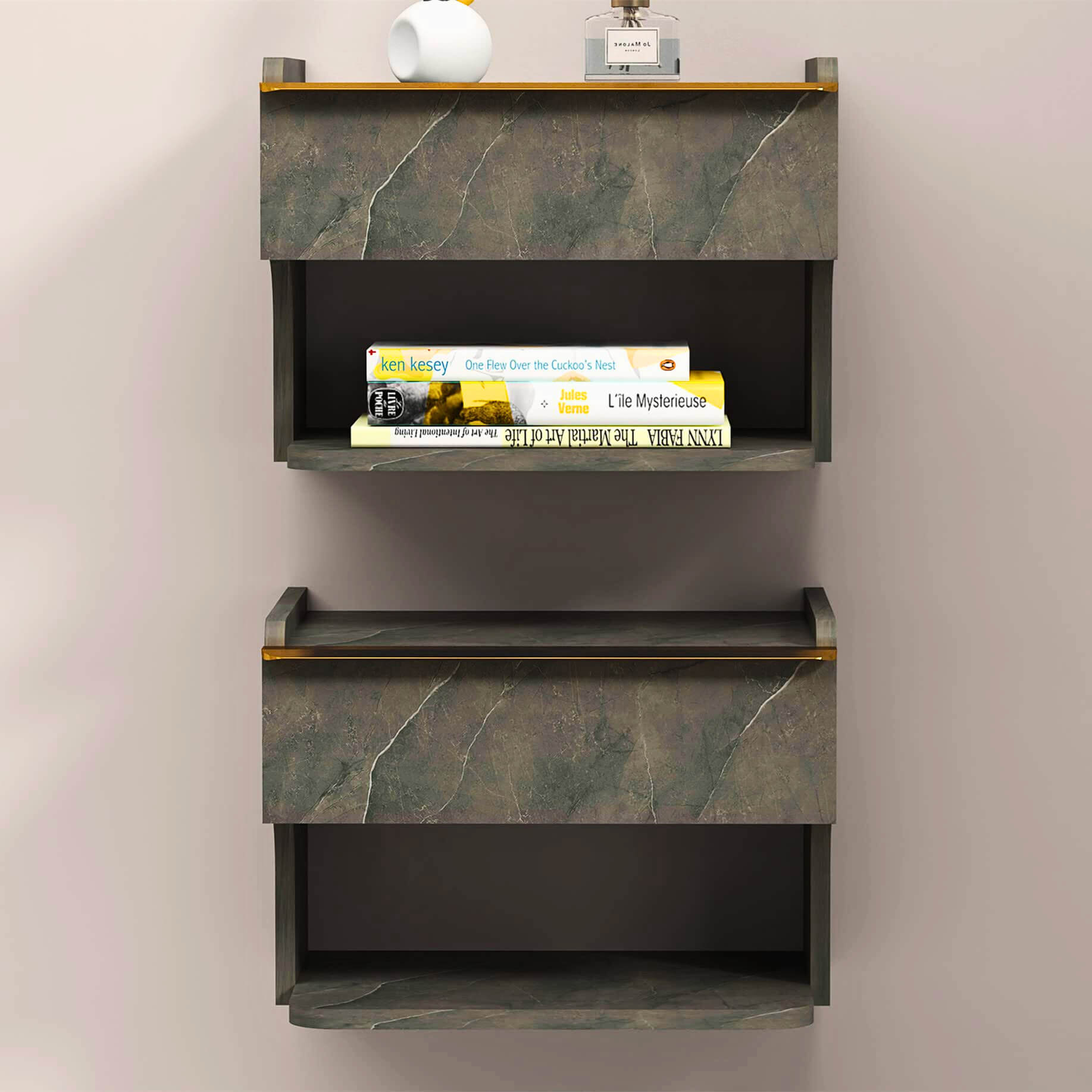 Grey Wood Floating Nightstands with Storage Drawer & Golden Accent