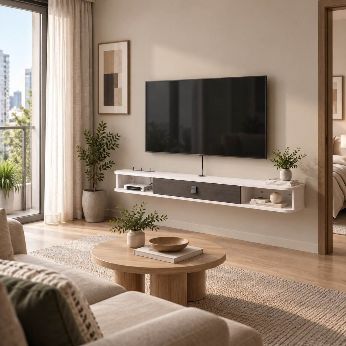 47" Eclan Floating TV Stand, Greyish White