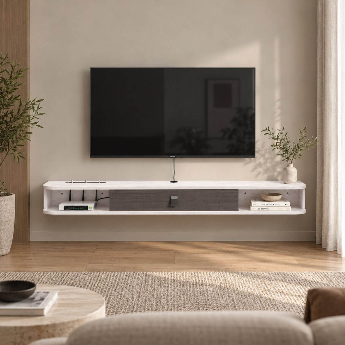 47" Eclan Floating TV Stand, Greyish White