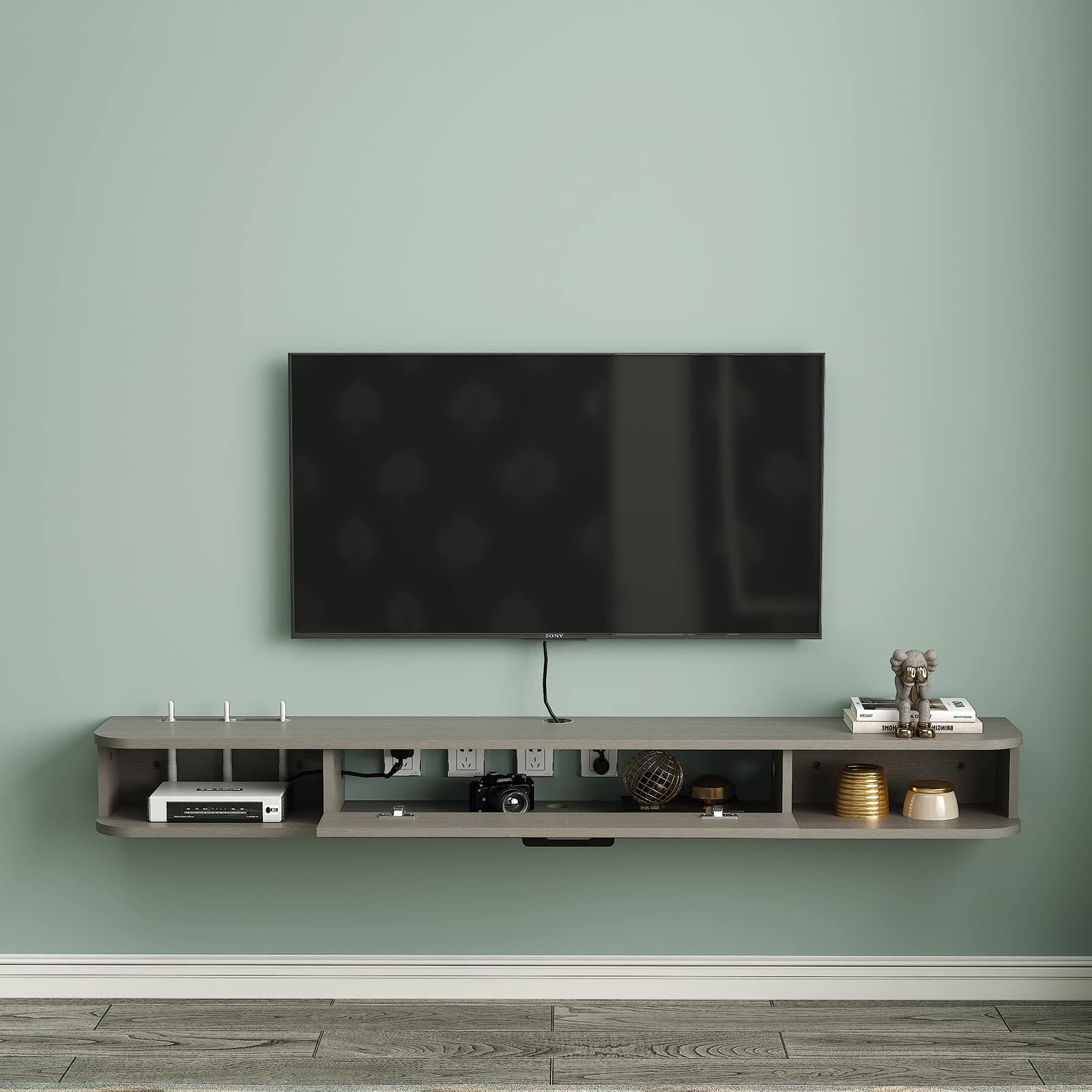 Plywood Wall Mounted Floating TV Stand with Large Door #color_light grey oak