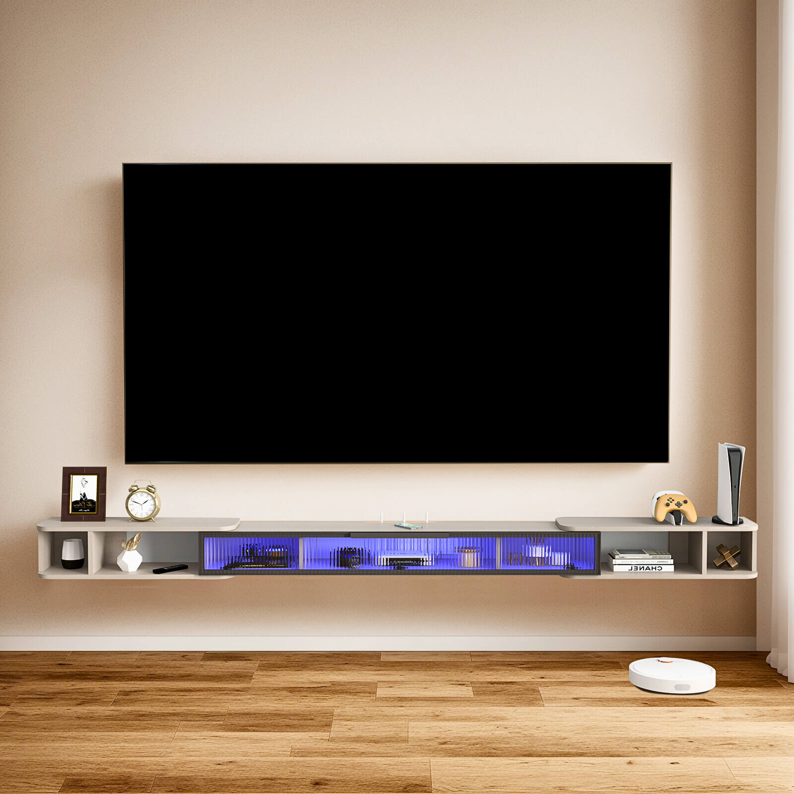 Light Grey Retractable Modern Wood Floating TV Stand with LED Lights & Glass Door