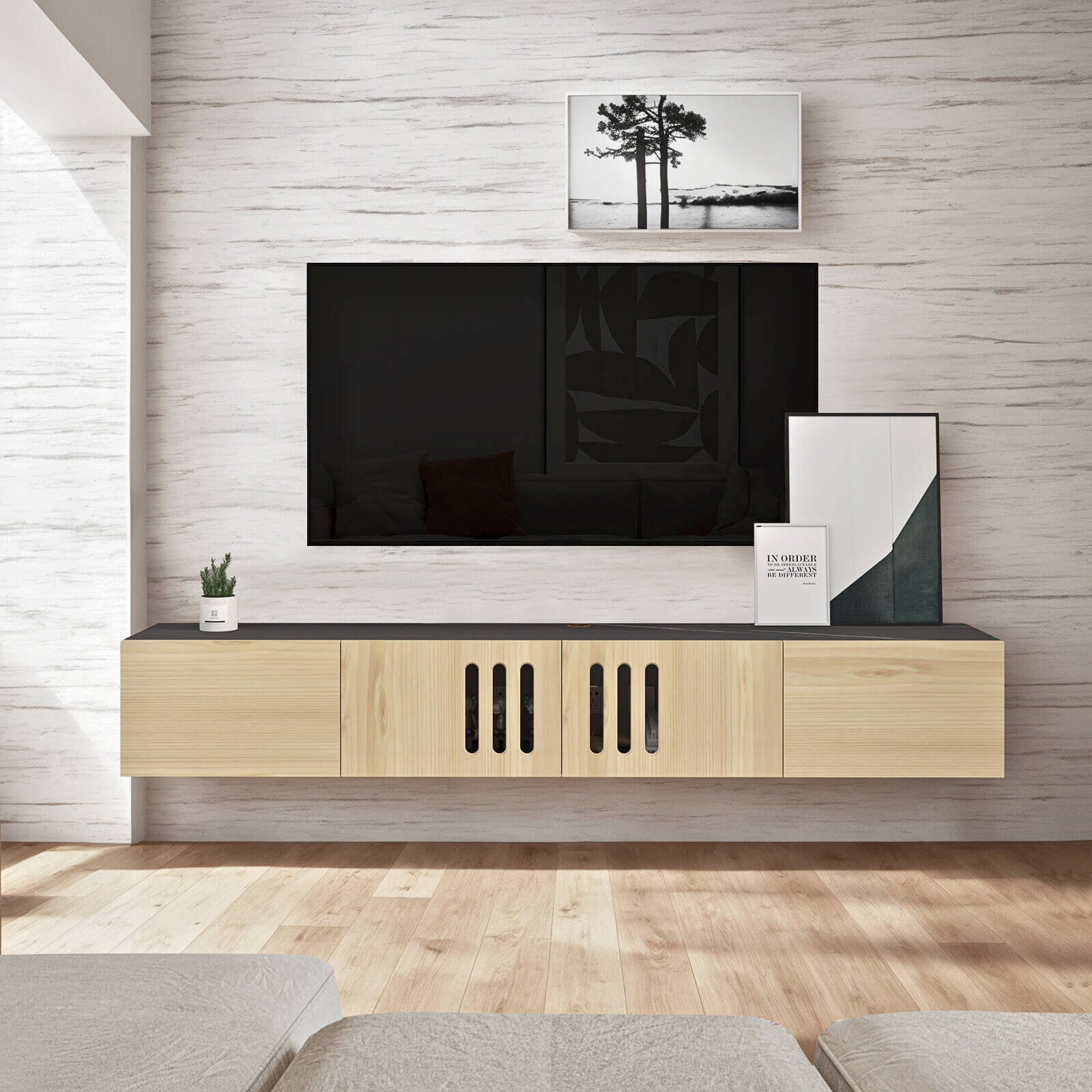 Customize Modern Minimalist Wood Floating TV Stand with Above Shelf and Slatted Door #color_light oak