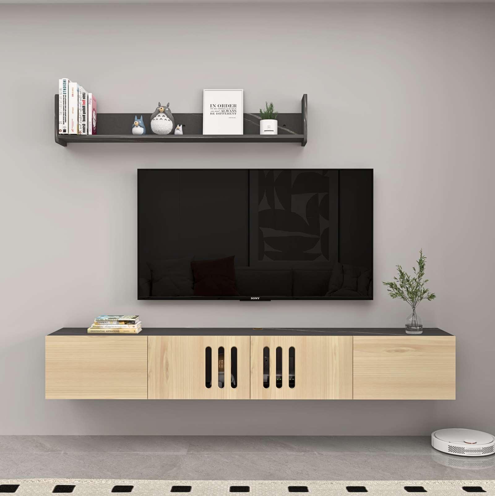 Customize Modern Minimalist Wood Floating TV Stand with Above Shelf and Slatted Door #color_light oak