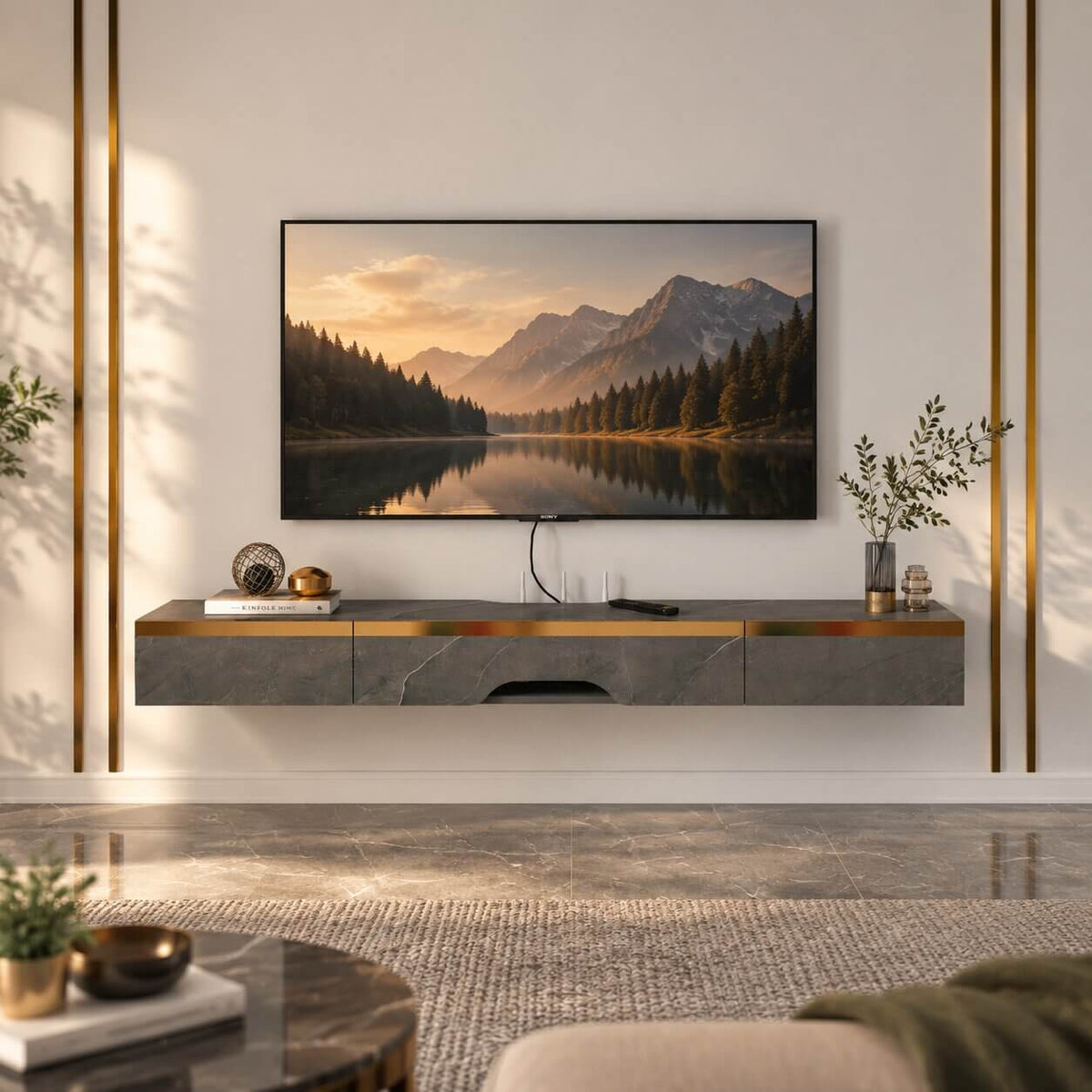 47" Elega Floating TV Stand, Marble Grey