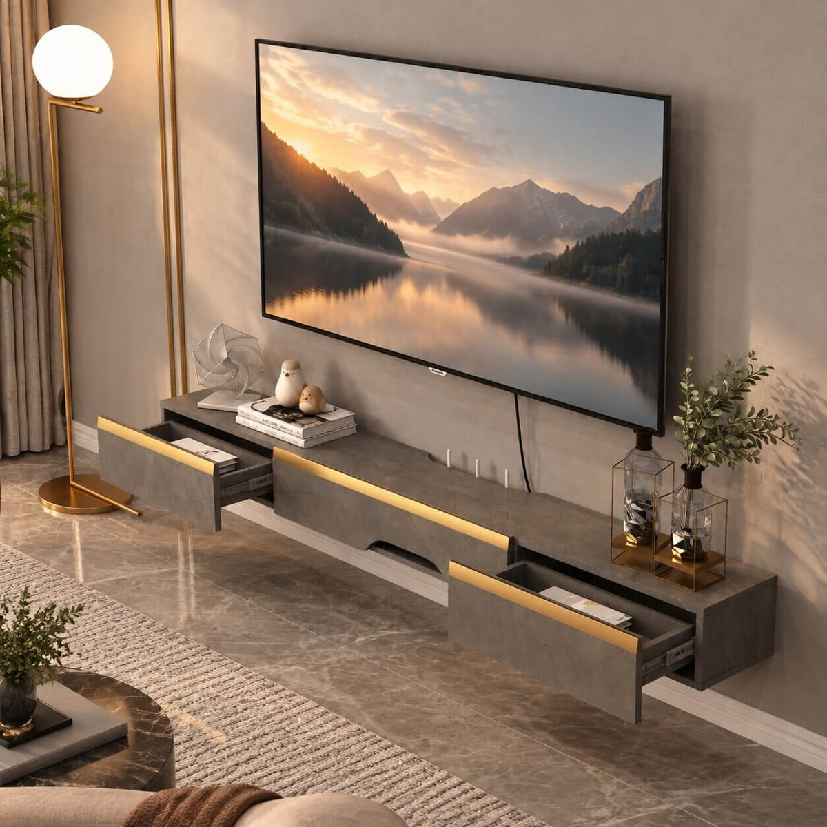 59" Elega Floating TV Stand, Marble Grey