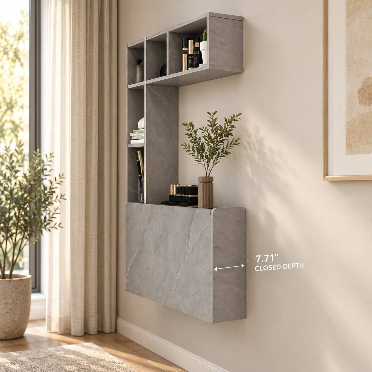 Plywood Wall Mounted Fold Down Desk with Large Storage Shelf, Grey (Backorder)
