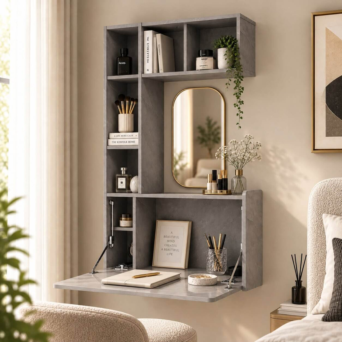 Plywood Wall Mounted Fold Down Desk with Large Storage Shelf, Grey (Backorder)