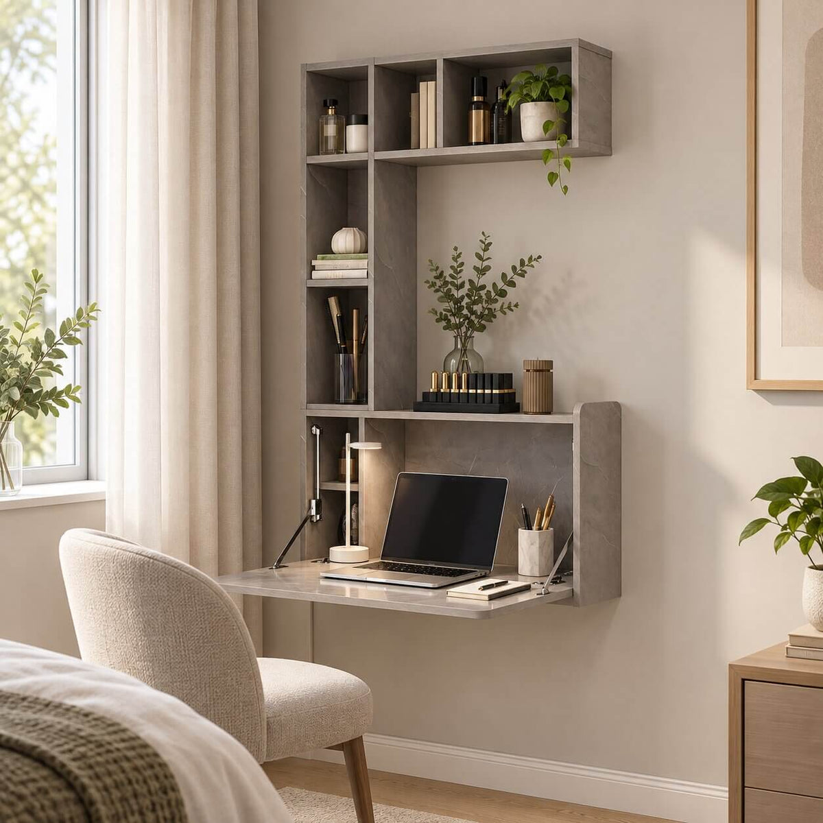 Plywood Wall Mounted Fold Down Desk with Large Storage Shelf, Grey (Backorder)