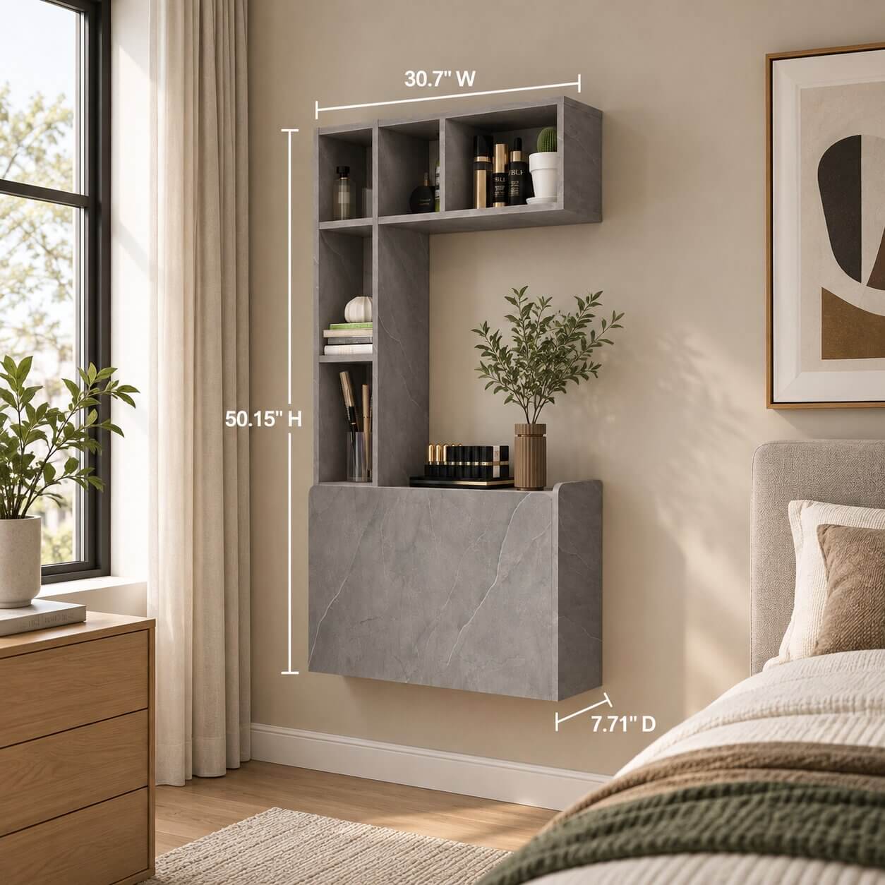 Grey Wall Mount Murphy Desk & Shelf, Floating Home Office Workstation