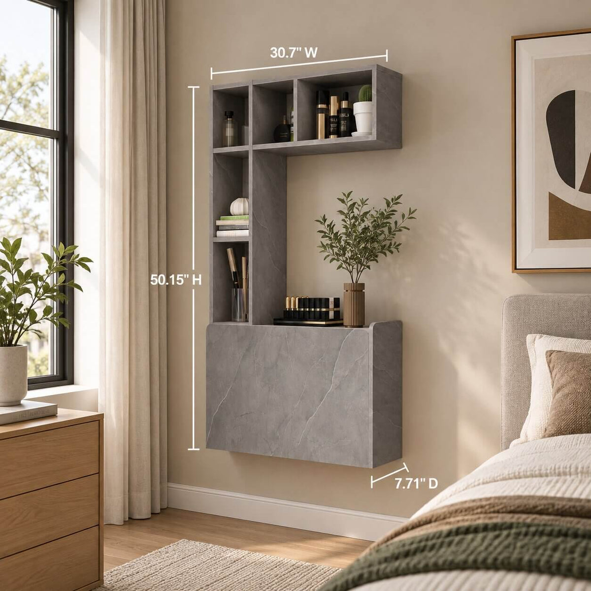 Plywood Wall Mounted Fold Down Desk with Large Storage Shelf, Grey (Backorder)