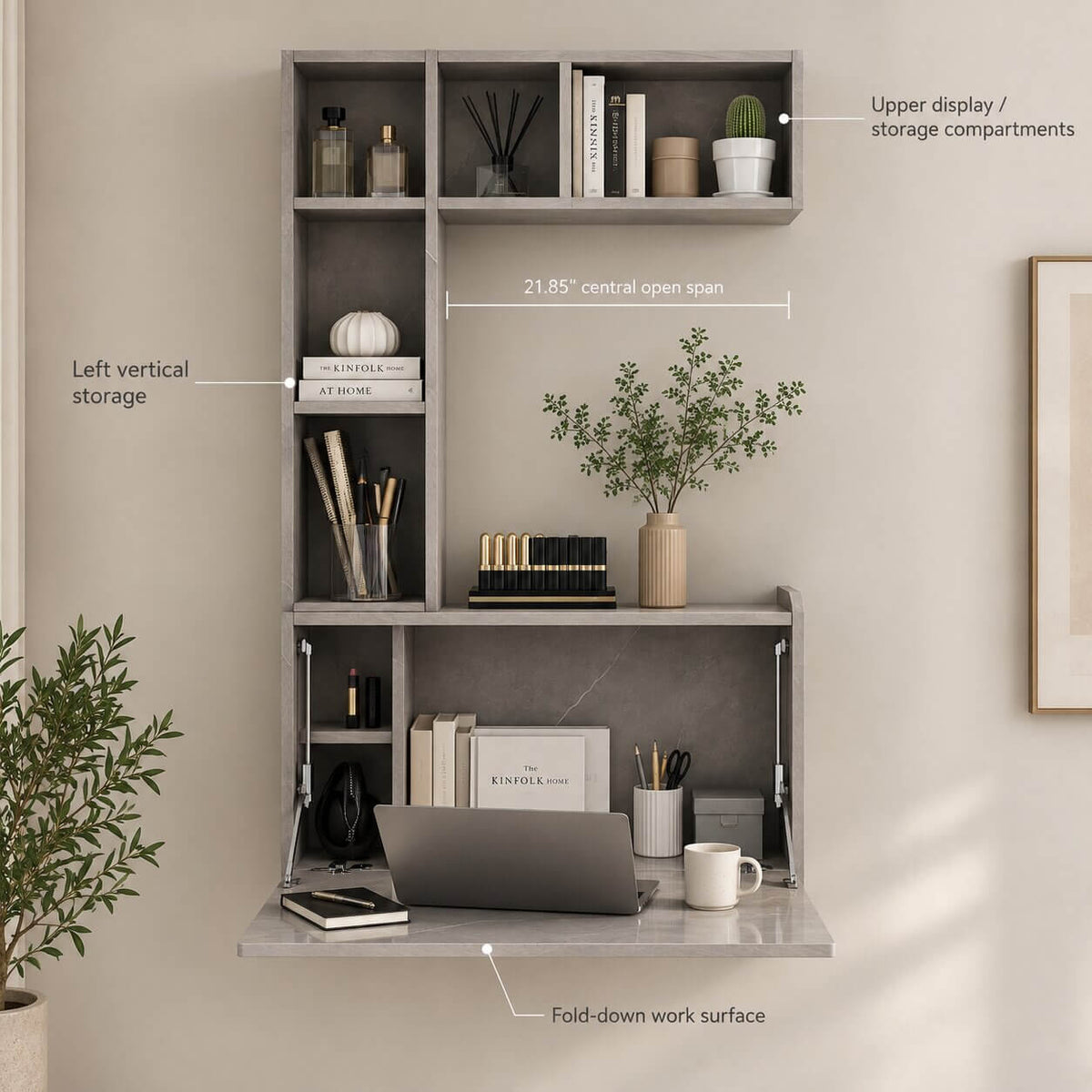 Plywood Wall Mounted Fold Down Desk with Large Storage Shelf, Grey (Backorder)