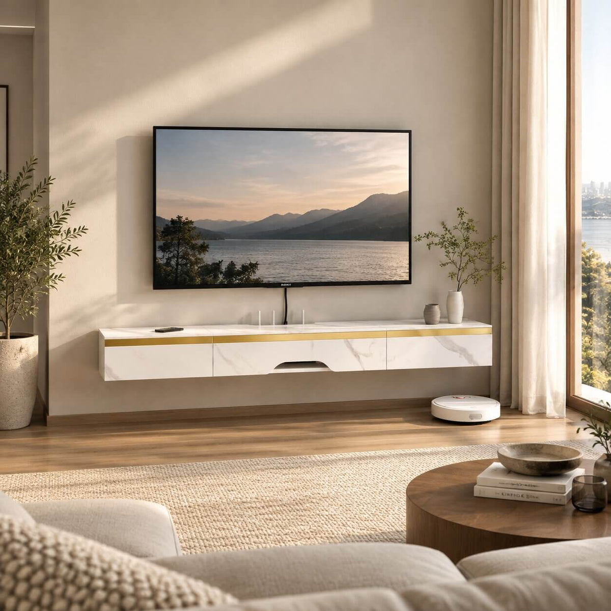 59" Elega Floating TV Stand, Marble White