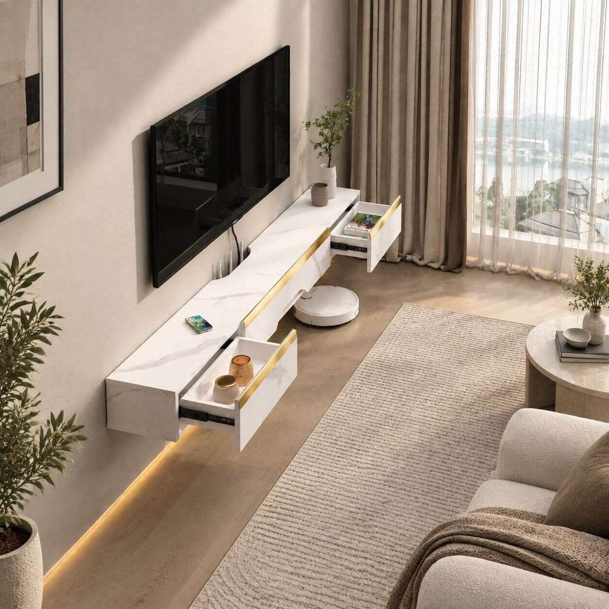 59" Elega Floating TV Stand, Marble White