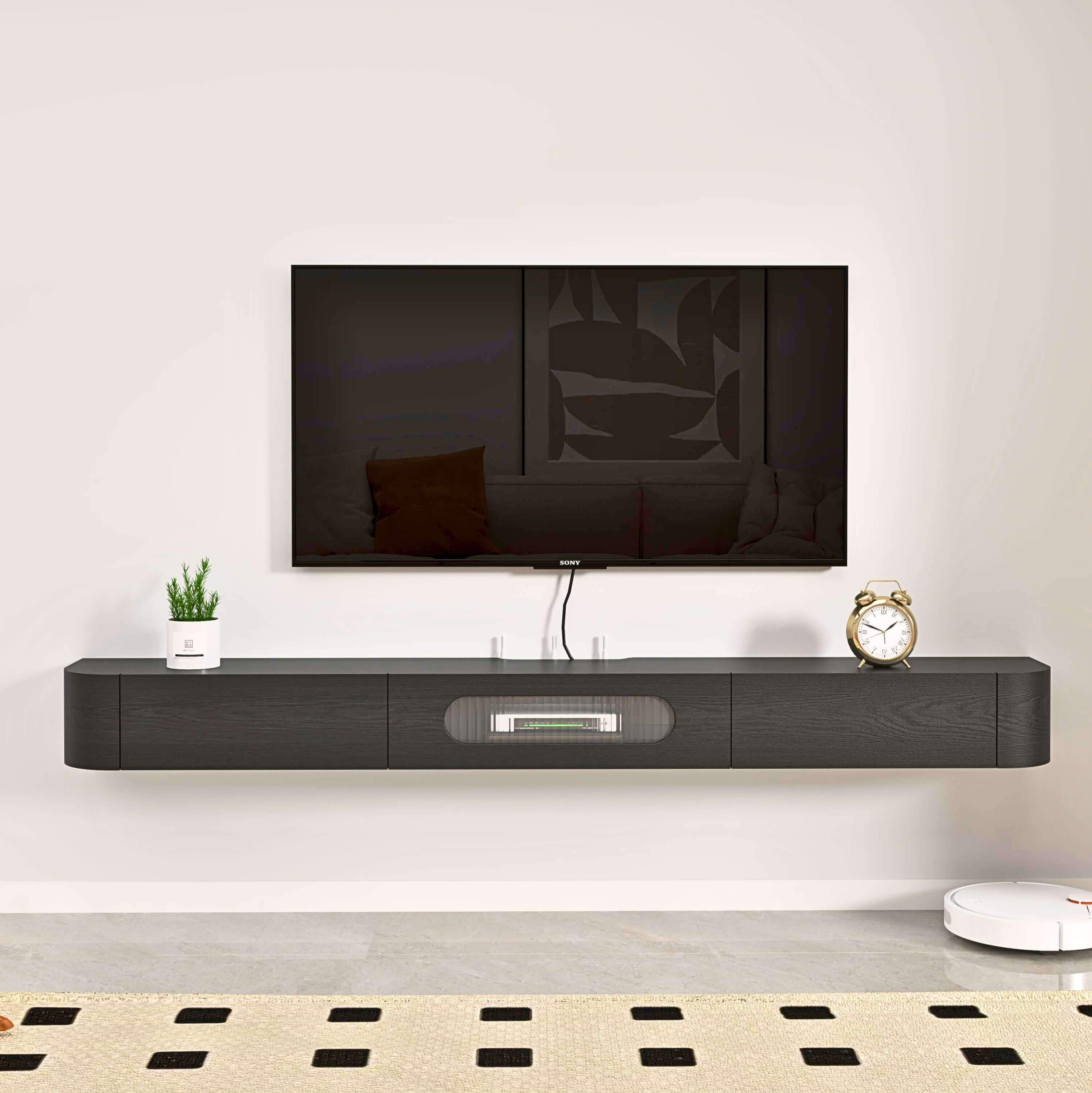 Customize Modern Minimalist Solid Wood Floating TV Stand with Drawers and Glass Door #color_black