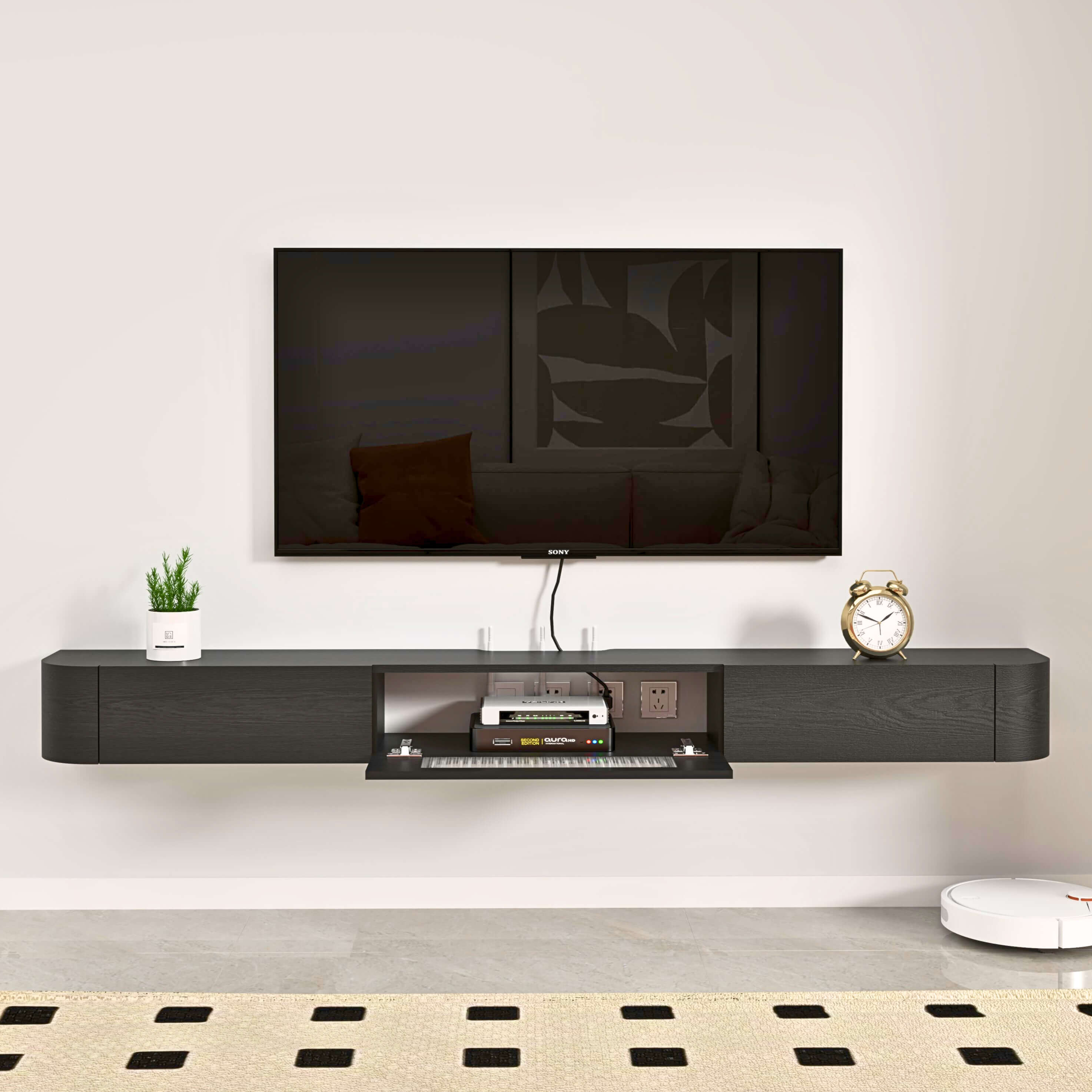 Customize Modern Minimalist Solid Wood Floating TV Stand with Drawers and Glass Door #color_black