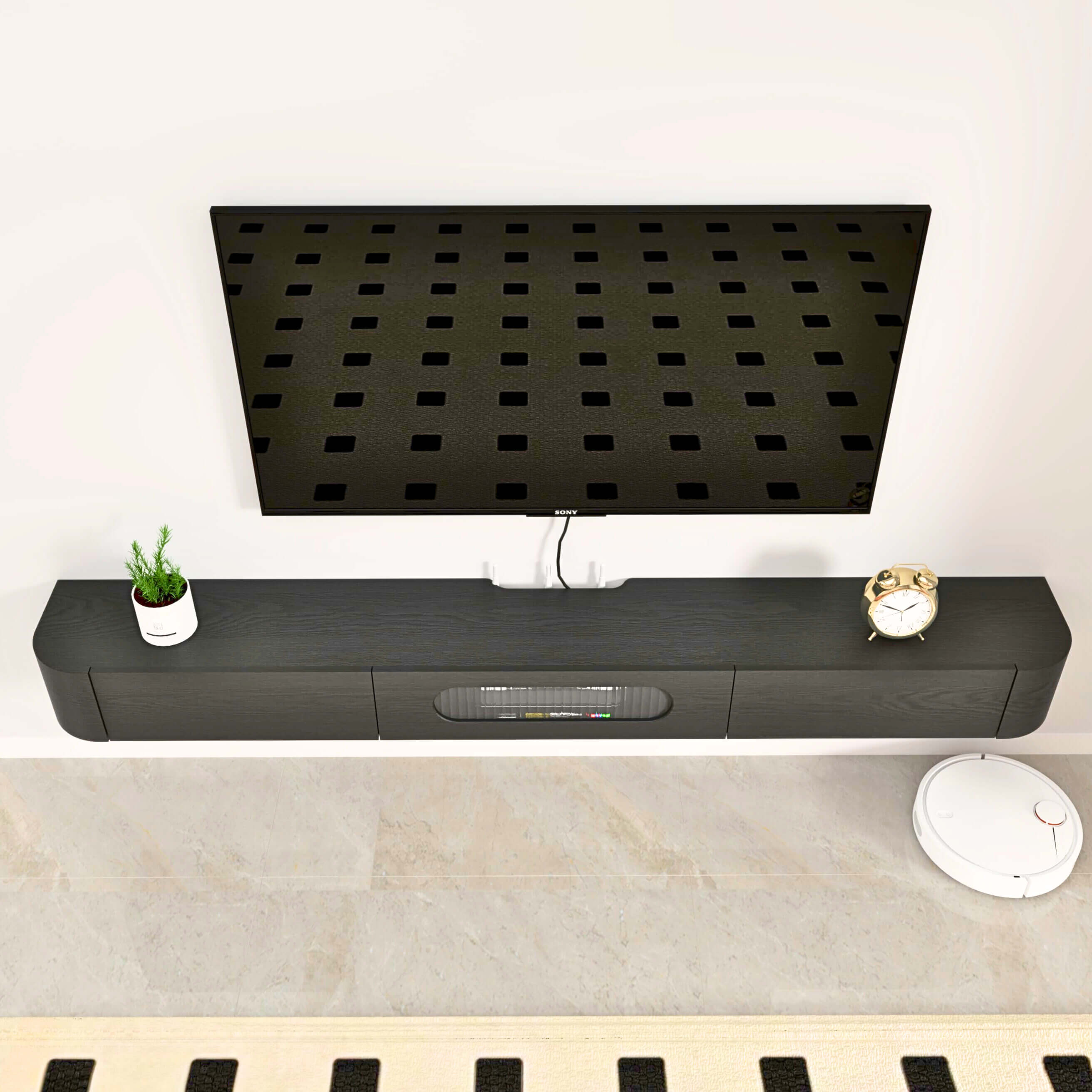 Customize Modern Minimalist Solid Wood Floating TV Stand with Drawers and Glass Door #color_black