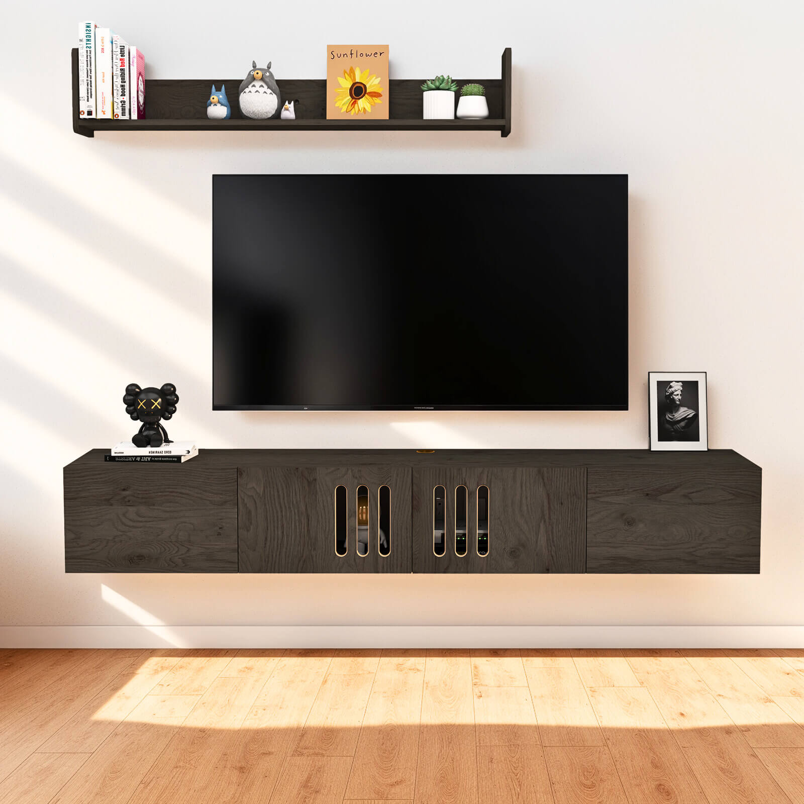 85.27" Dark Grey Modern Minimalist Wooden Floating TV Cabinet & Above Shelf Set