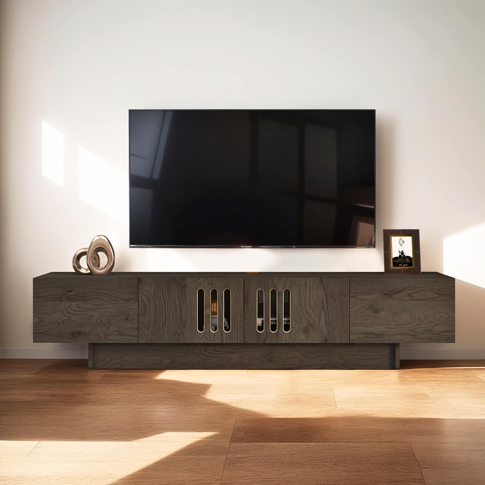 Customize Modern Minimalist Wood Floating TV Stand with Above Shelf and Slatted Door #color_dark grey