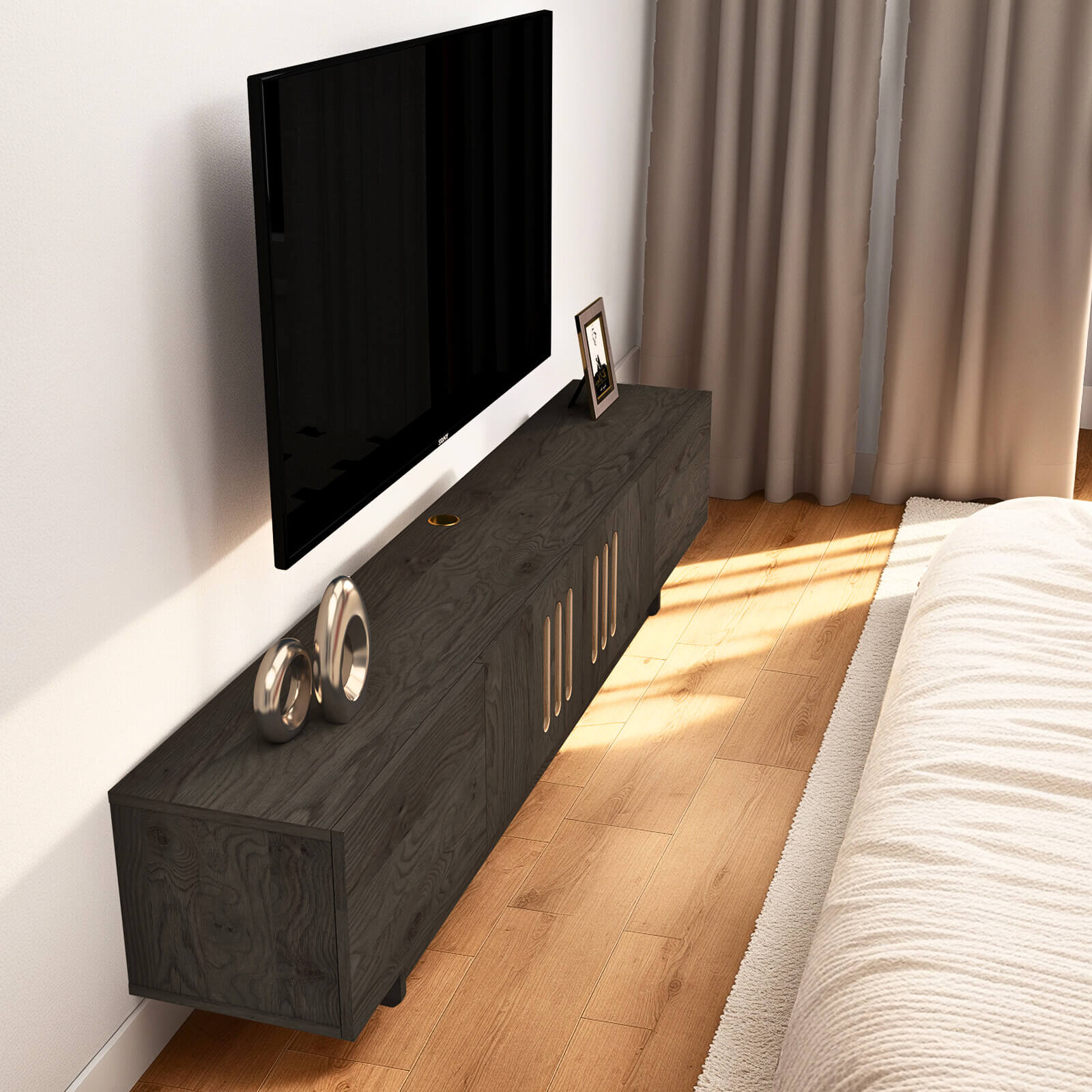 75.85" Dark Grey Modern Minimalist Wood Floating TV Stand with Above Shelf and Slatted Door