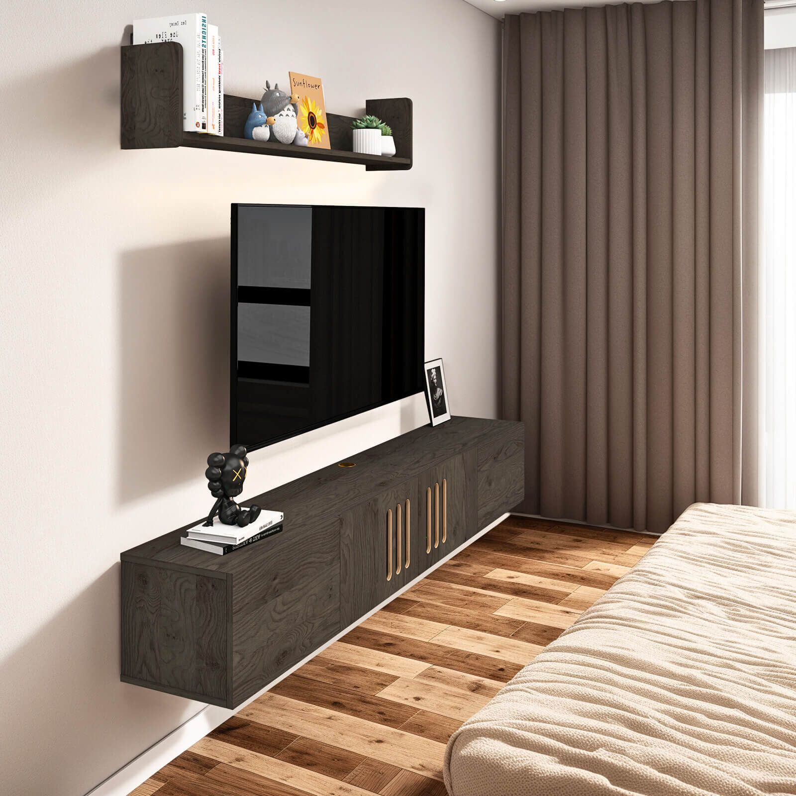 Customize Modern Minimalist Wood Floating TV Stand with Above Shelf and Slatted Door #color_dark grey