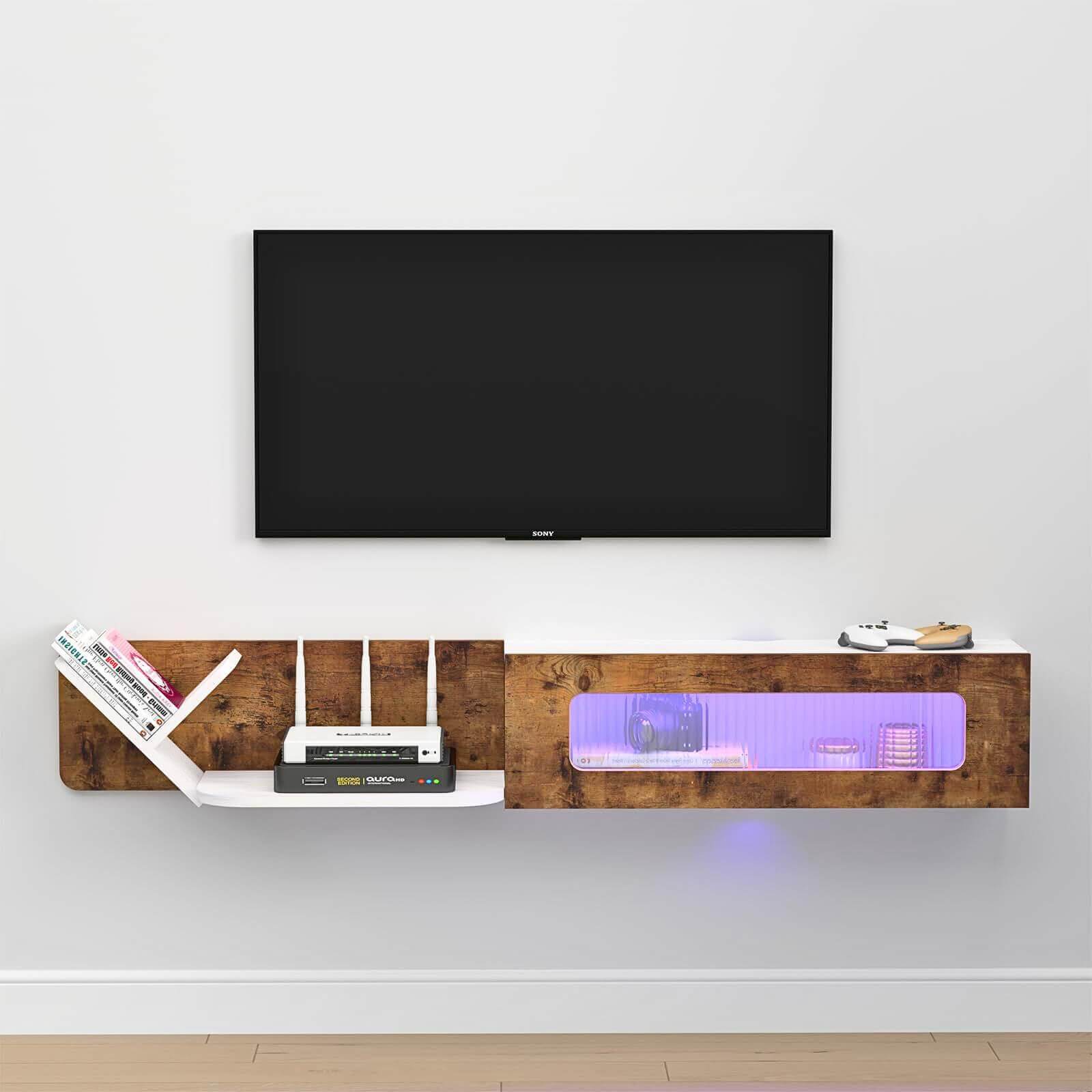 66.92" Modern Rustic Brown and White Plywood Floating TV Stand with LED Lights and Glass Door