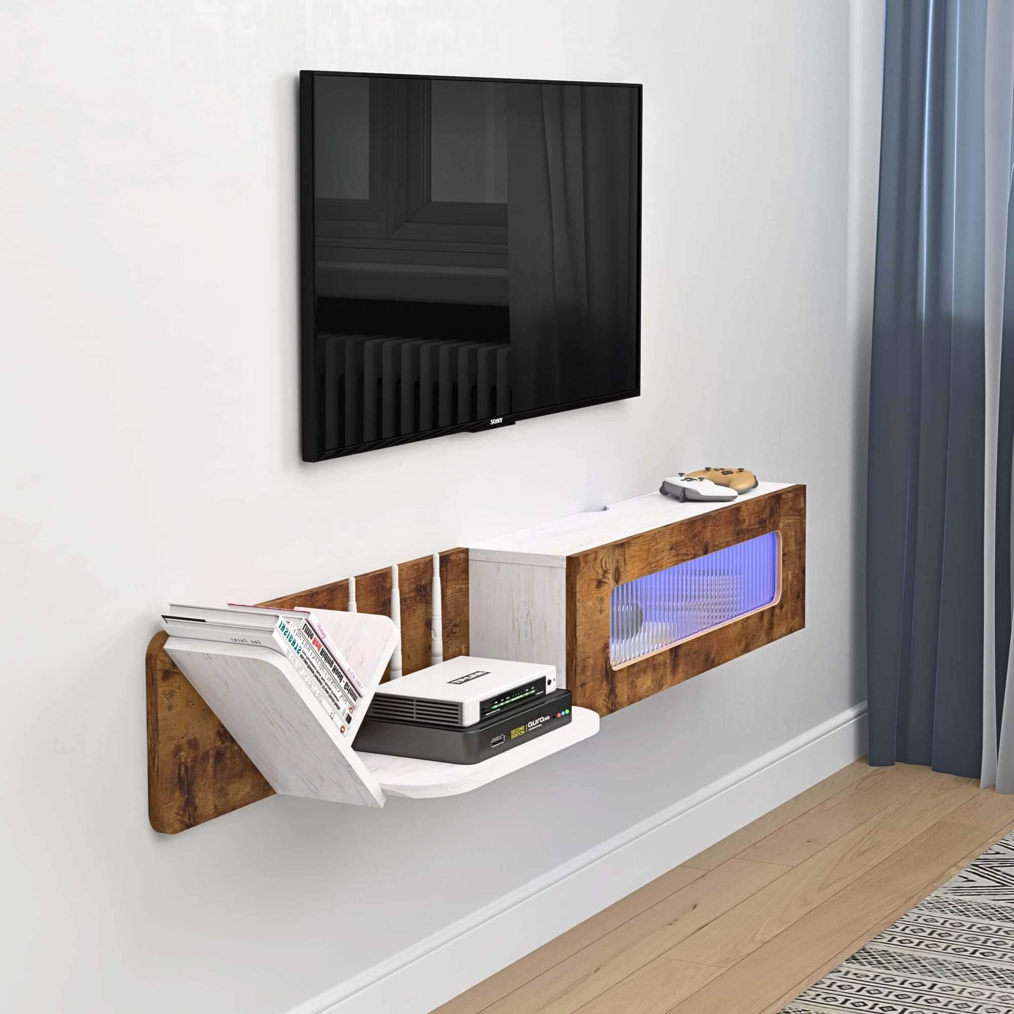 66.92" Modern Rustic Brown and White Plywood Floating TV Stand with LED Lights and Glass Door