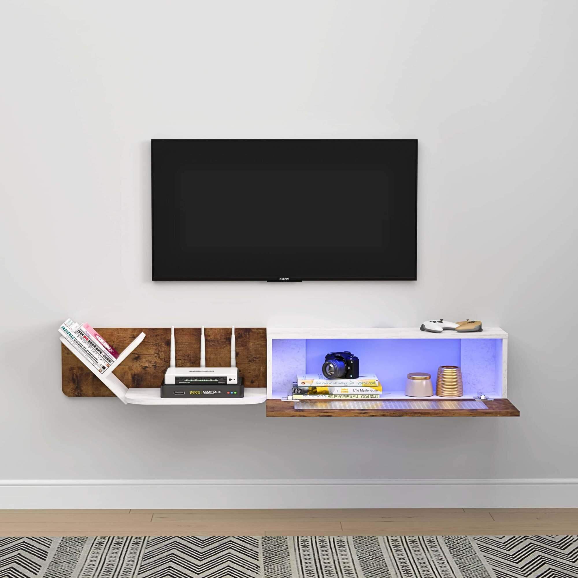 Custom Modern Plywood Floating Shelf TV Stand with LED Lights and Glass Door