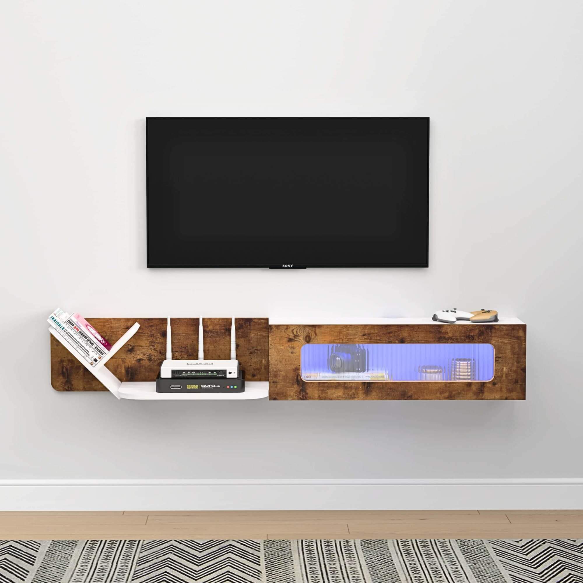 59.05" Modern Rustic Brown and White Plywood Floating TV Stand with LED Lights and Glass Door