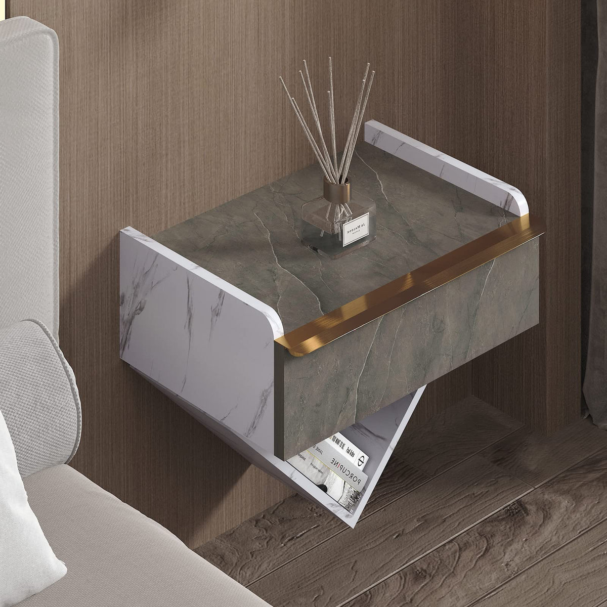 Plywood Floating Nightstands with Storage Drawer, Modern Bedside Table with  Golden Accent