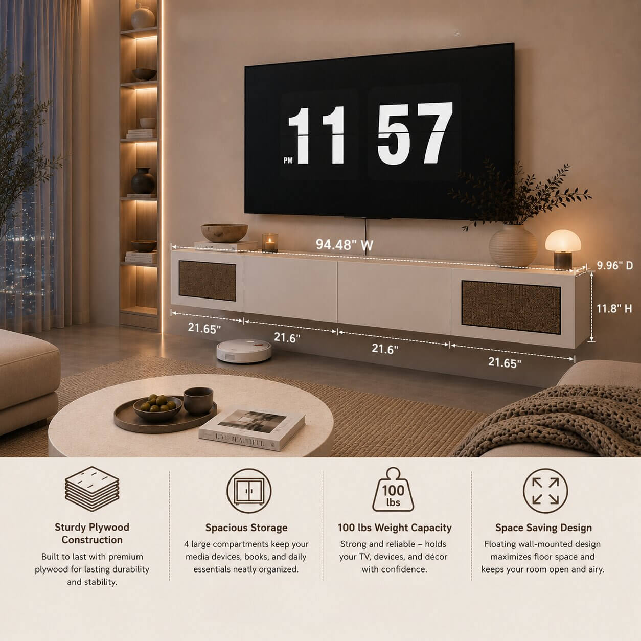 Natura 94.48" Woven Panel Drawer Floating TV Stand, White