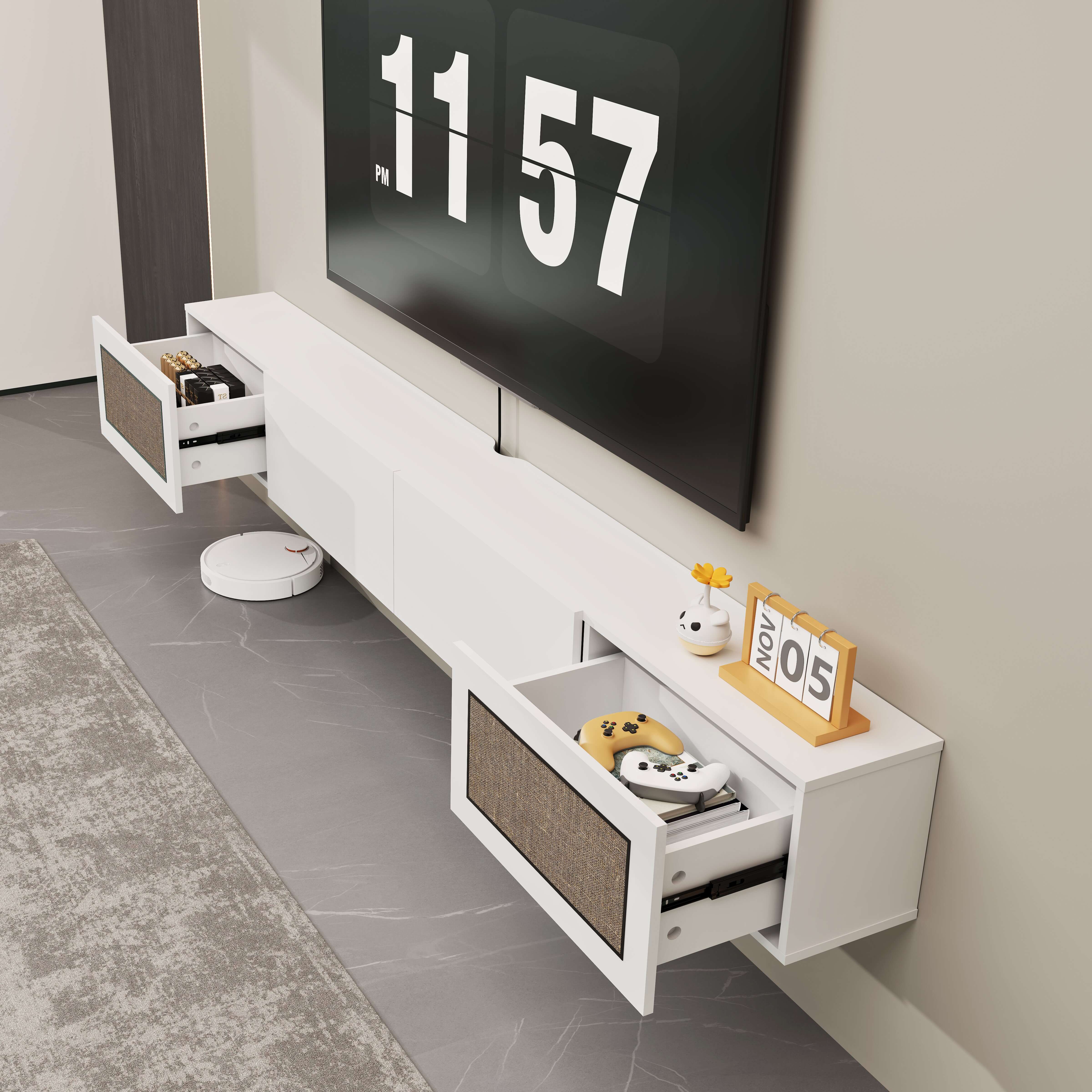 Natura 94.48" Woven Panel Drawer Floating TV Stand, White