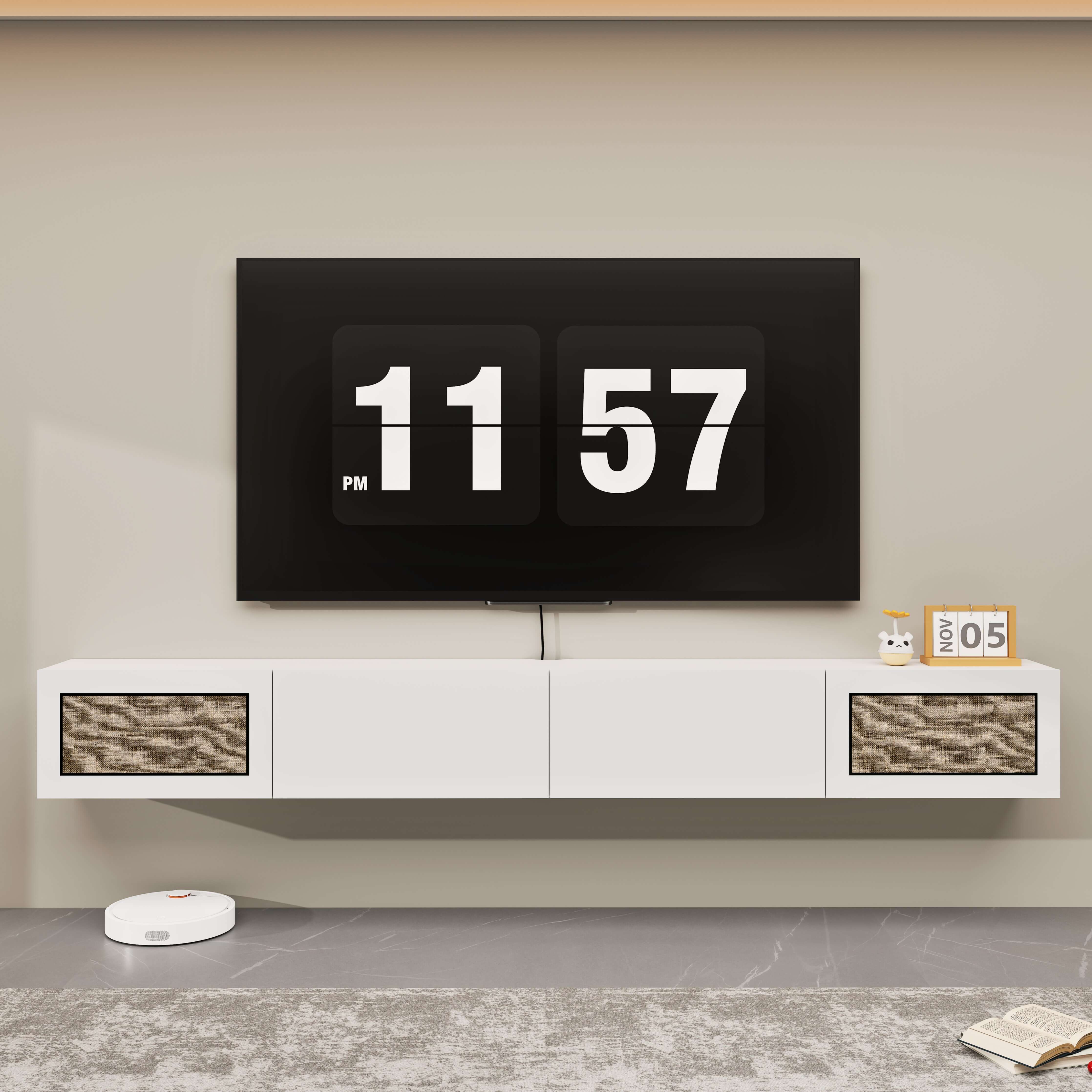 Natura 94.48" Woven Panel Drawer Floating TV Stand, White