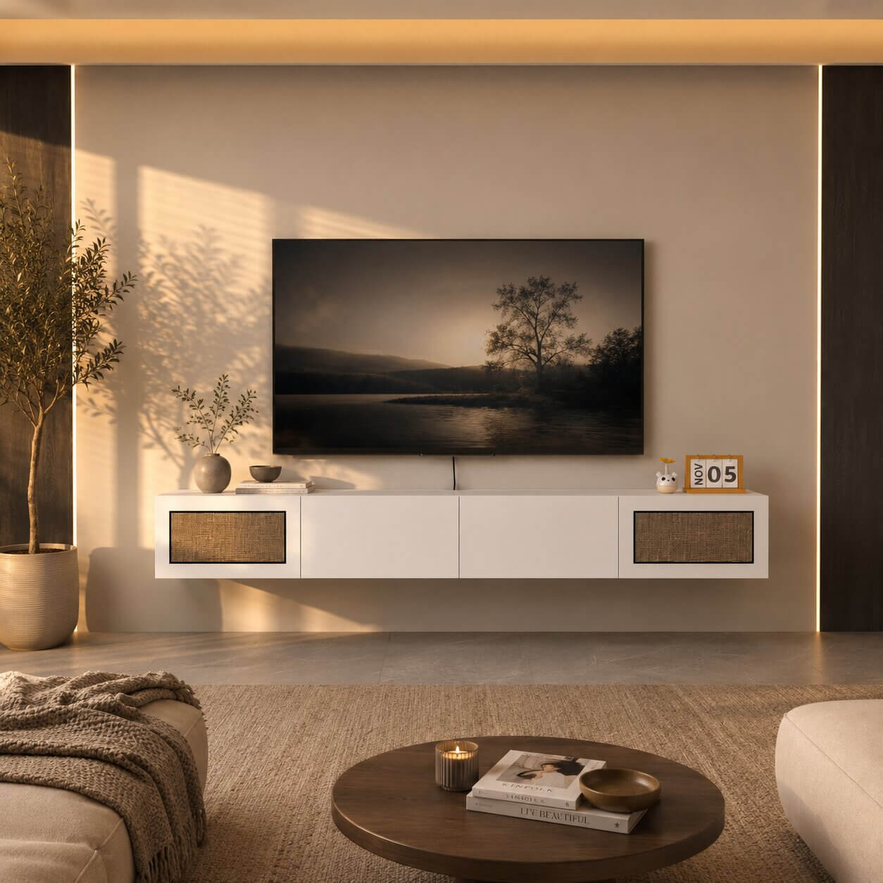 Natura 94.48" Woven Panel Drawer Floating TV Stand, White