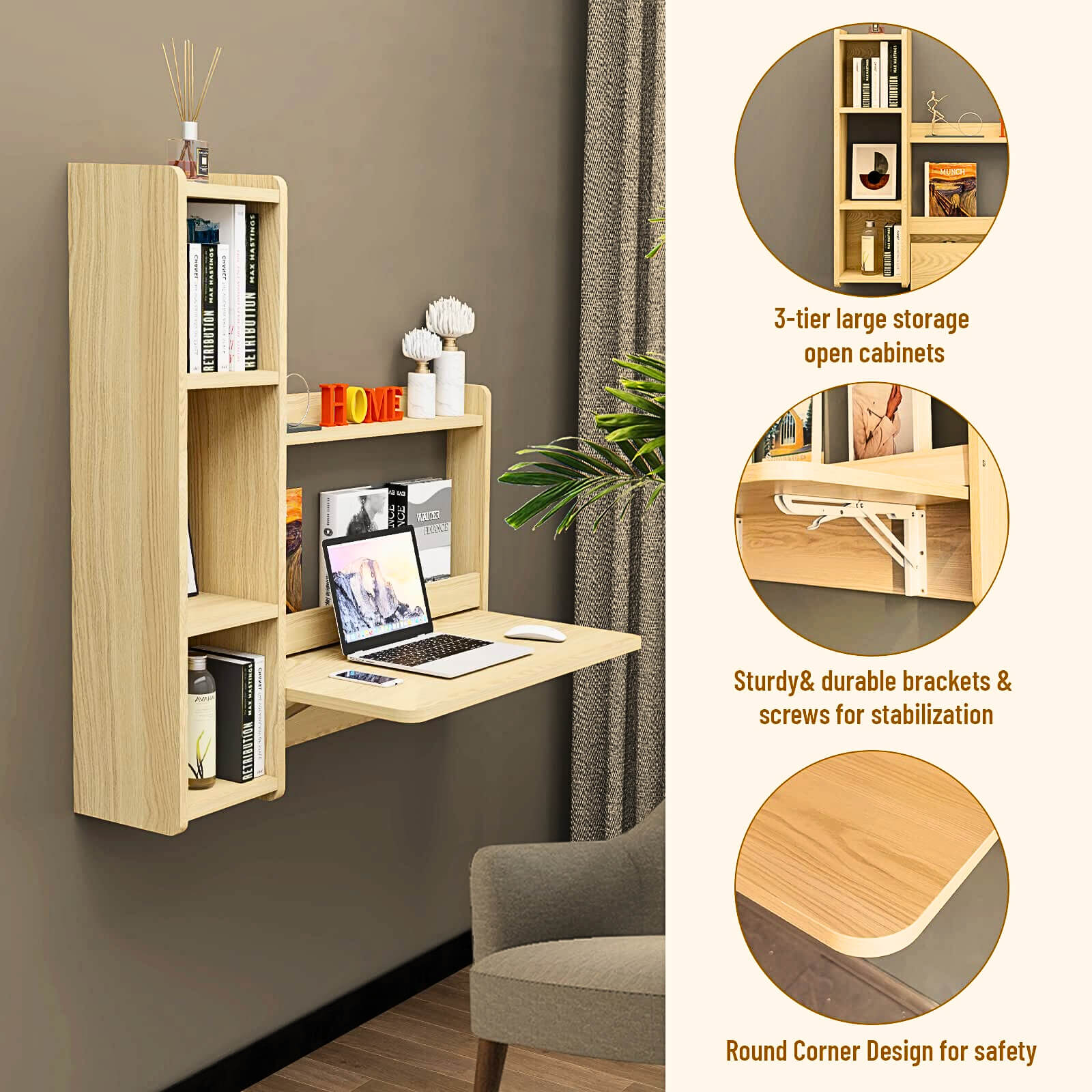 Light Oak Plywood Floating Fold Down Wall Desk With Storage Shelf #shelf_left