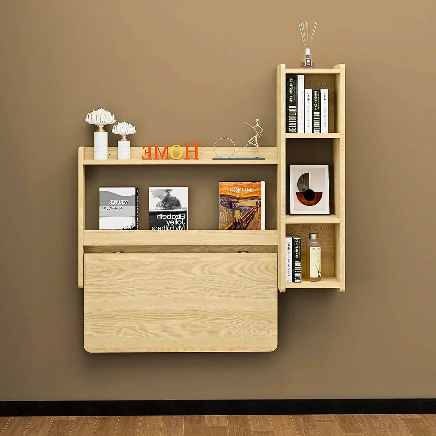 Light Oak Plywood Floating Fold Down Wall Desk With Storage Shelf #shelf_right