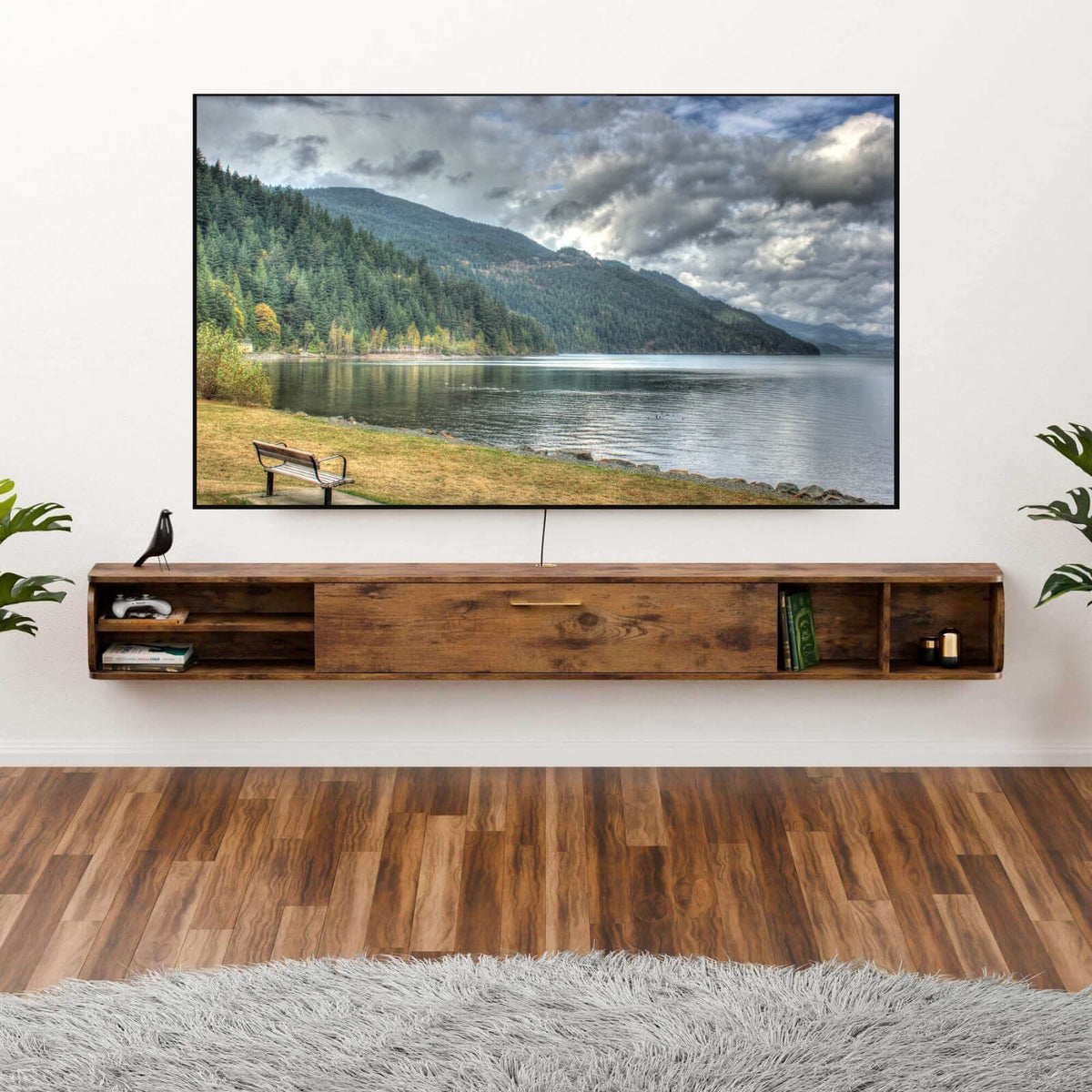 Rustic Brown Wood Floating TV Stand Shelf with Gold Accent for 90
