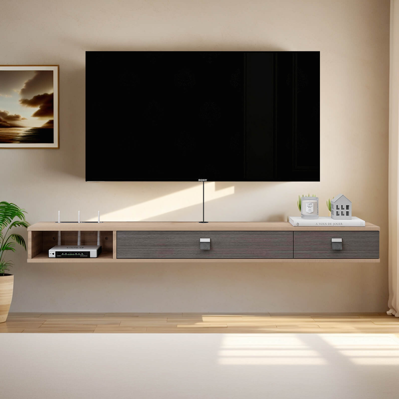 Plywood Wall Mounted Floating TV Stand with Two Flip-down Doors #color_walnut