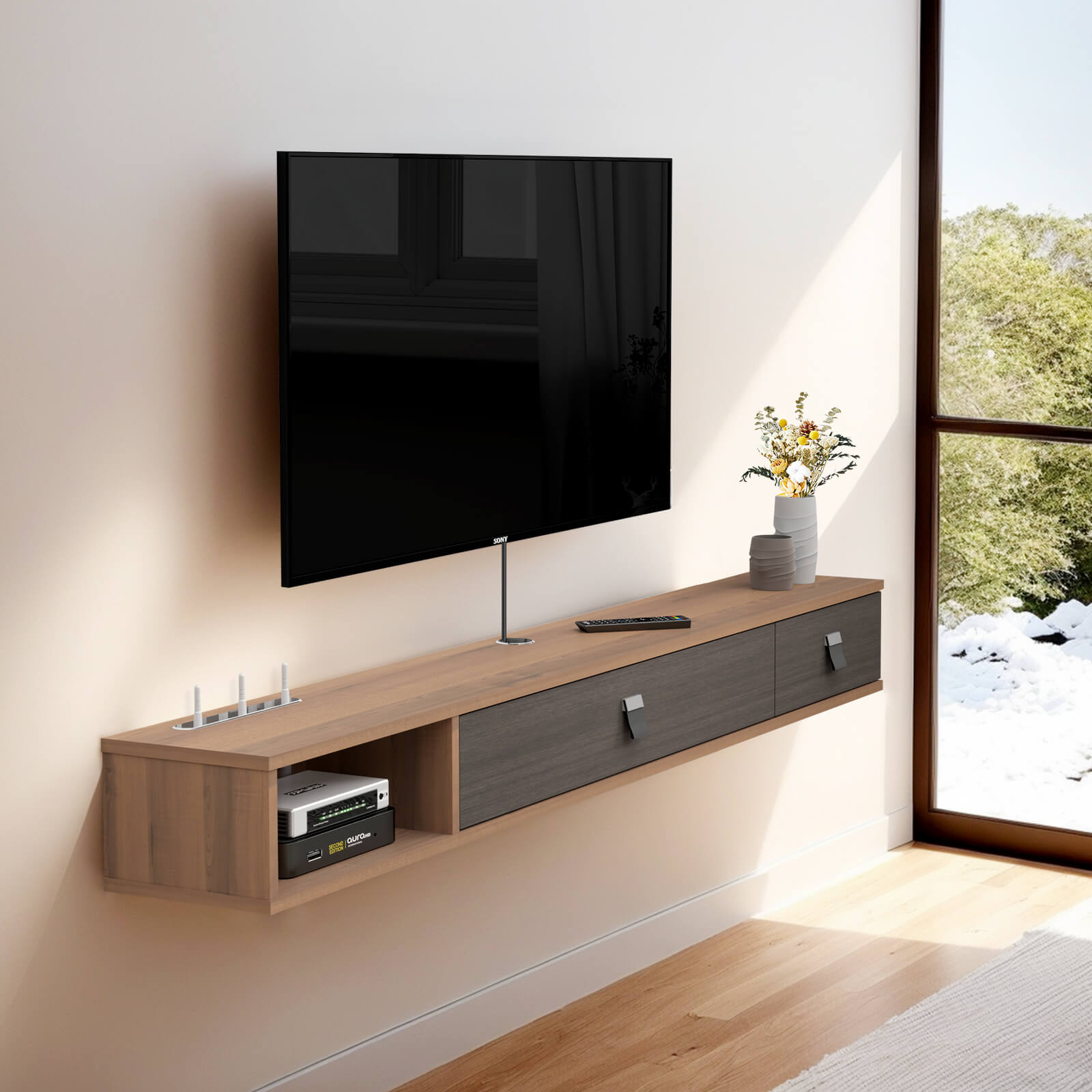 Plywood Wall Mounted Floating TV Stand with Two Flip-down Doors #color_walnut
