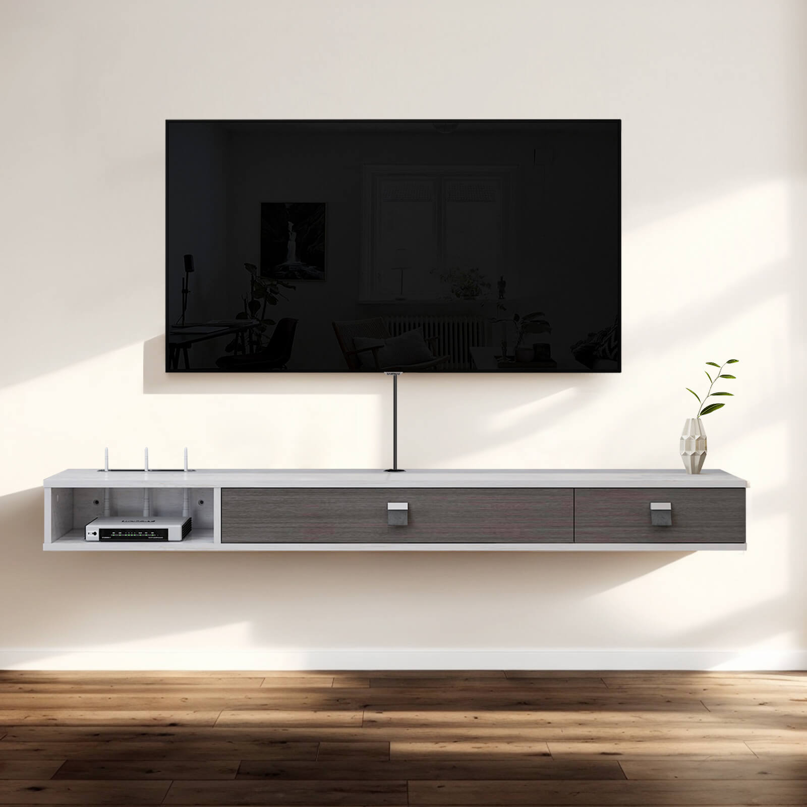 Plywood Wall Mounted Floating TV Stand with Two Flip-down Doors #color_greyish white