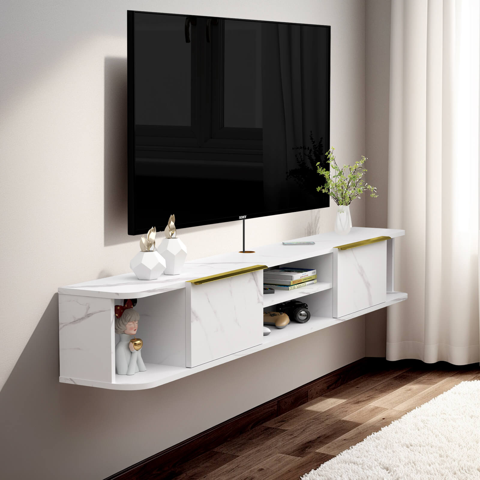 Modern Floating TV Stand with Storage Drawers and Shelves #color_pietra white